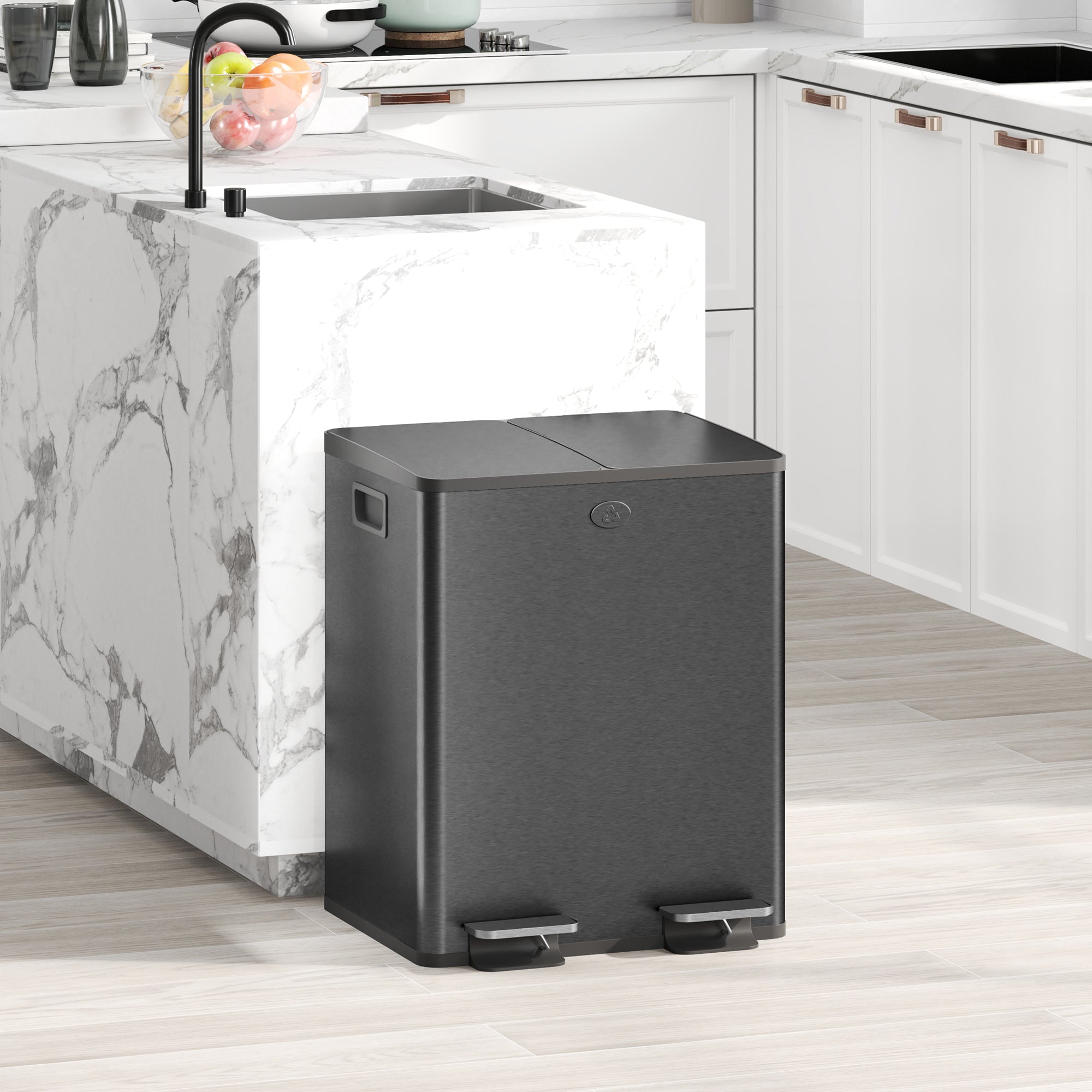 HOMCOM Dual Kitchen Garbage Bin, 2 x 5 Gallon (2 x 20 L) Trash Can with Foot Pedal, Soft-Close Garbage Can with Removable Inner Buckets, Fingerprint-Proof for Kitchen, Matte Black