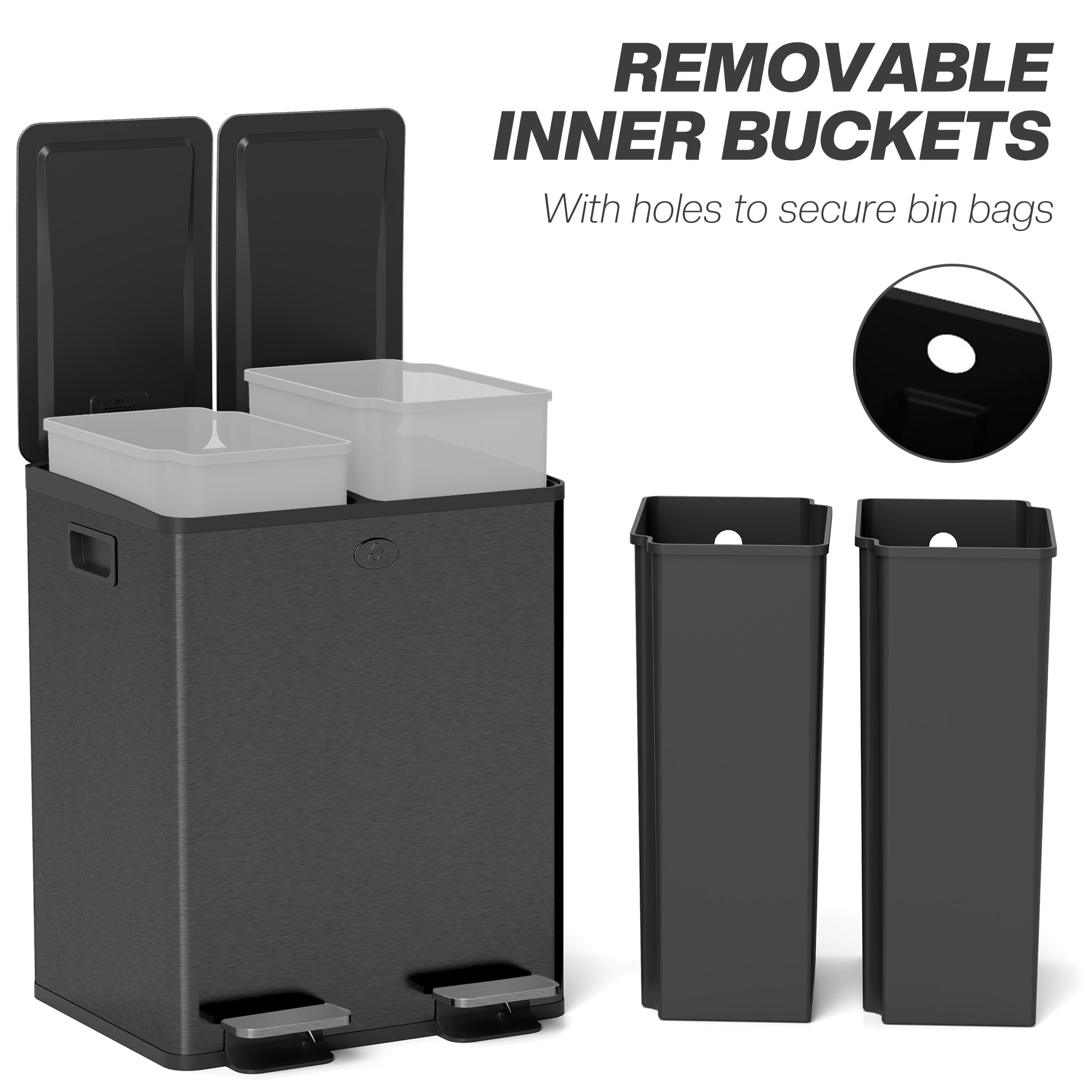 HOMCOM Dual Kitchen Garbage Bin, 2 x 5 Gallon (2 x 20 L) Trash Can with Foot Pedal, Soft-Close Garbage Can with Removable Inner Buckets, Fingerprint-Proof for Kitchen, Matte Black