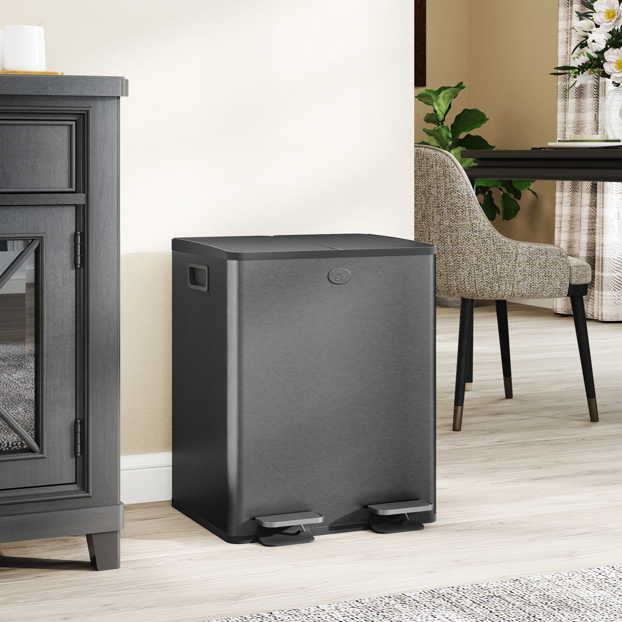 HOMCOM Dual Kitchen Garbage Bin, 2 x 5 Gallon (2 x 20 L) Trash Can with Foot Pedal, Soft-Close Garbage Can with Removable Inner Buckets, Fingerprint-Proof for Kitchen, Matte Black