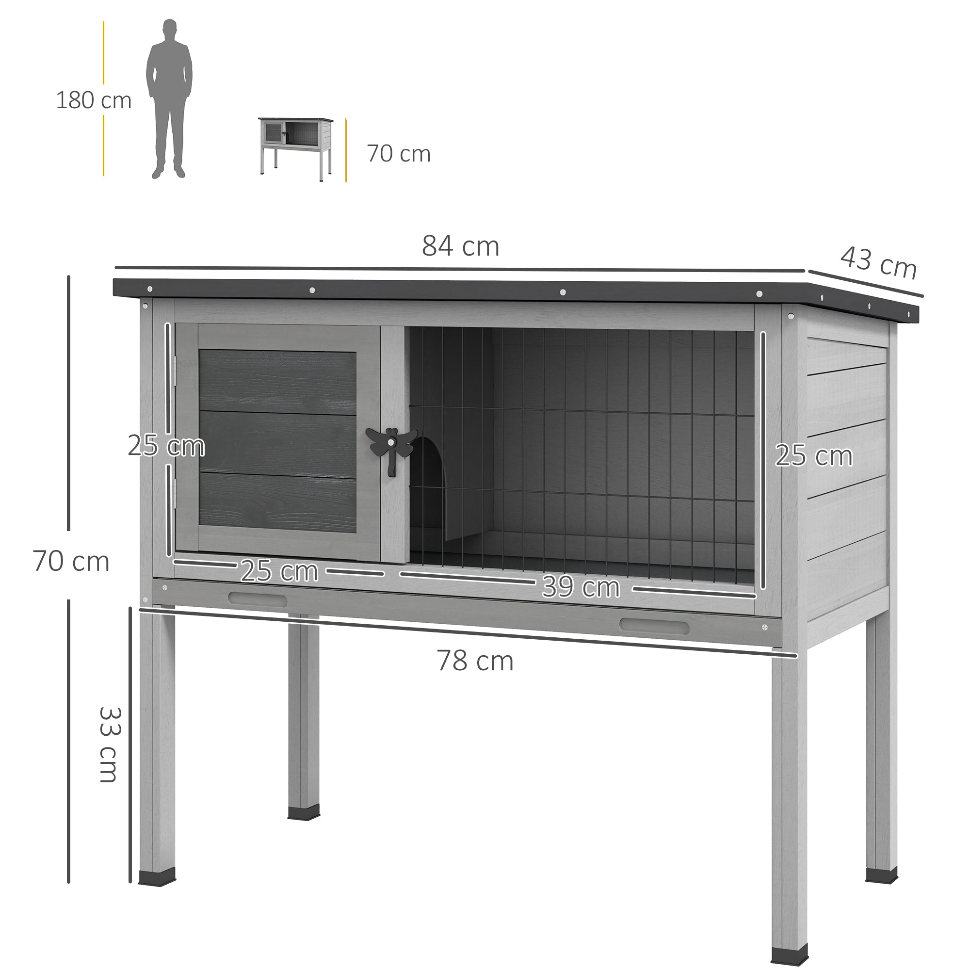 Pawhut Wooden Guinea Pig Hutch, Small Animal Cage with Slide-out Tray, Openable Asphalt Roof, 84 x 43 x 70cm, Grey