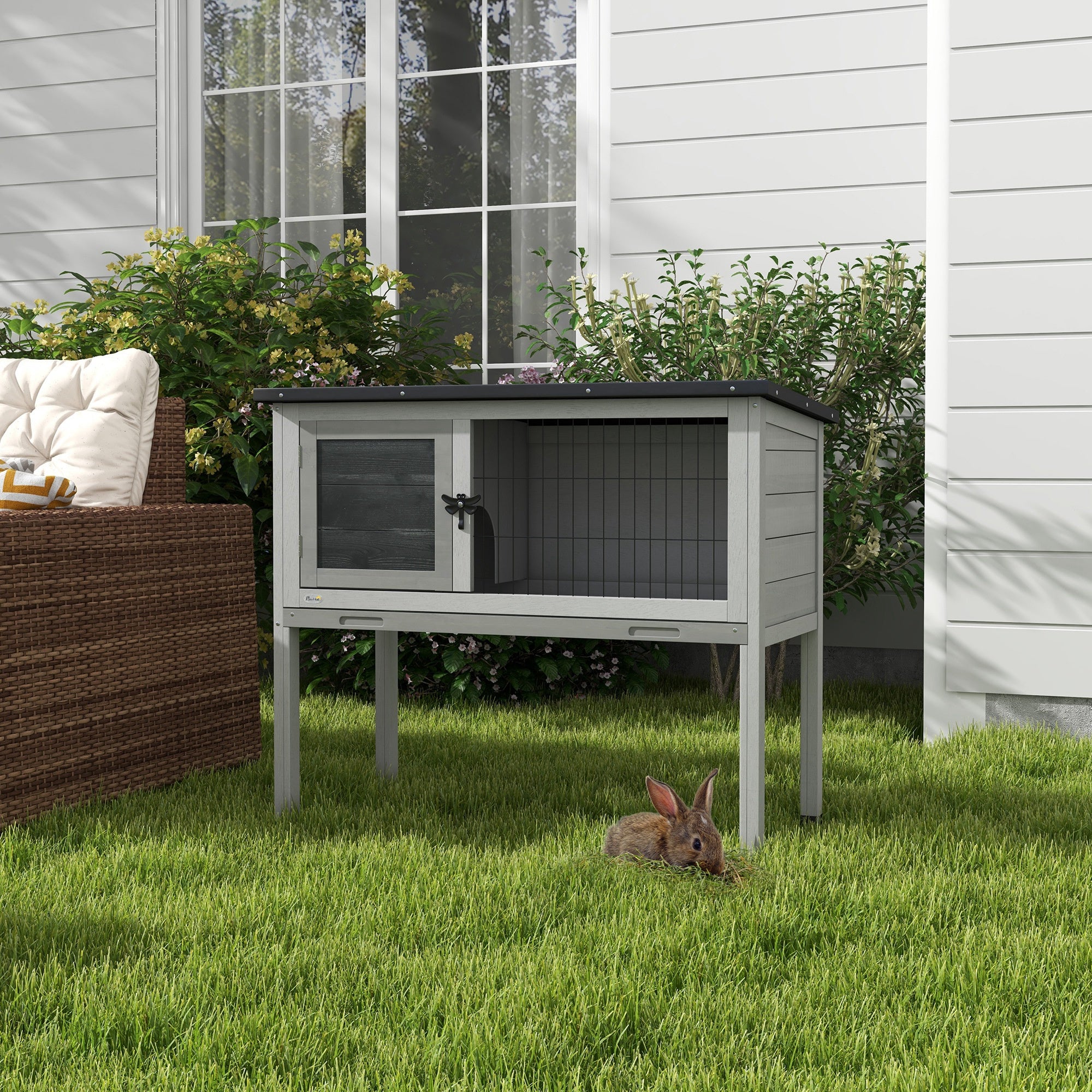 Pawhut Wooden Guinea Pig Hutch, Small Animal Cage with Slide-out Tray, Openable Asphalt Roof, 84 x 43 x 70cm, Grey