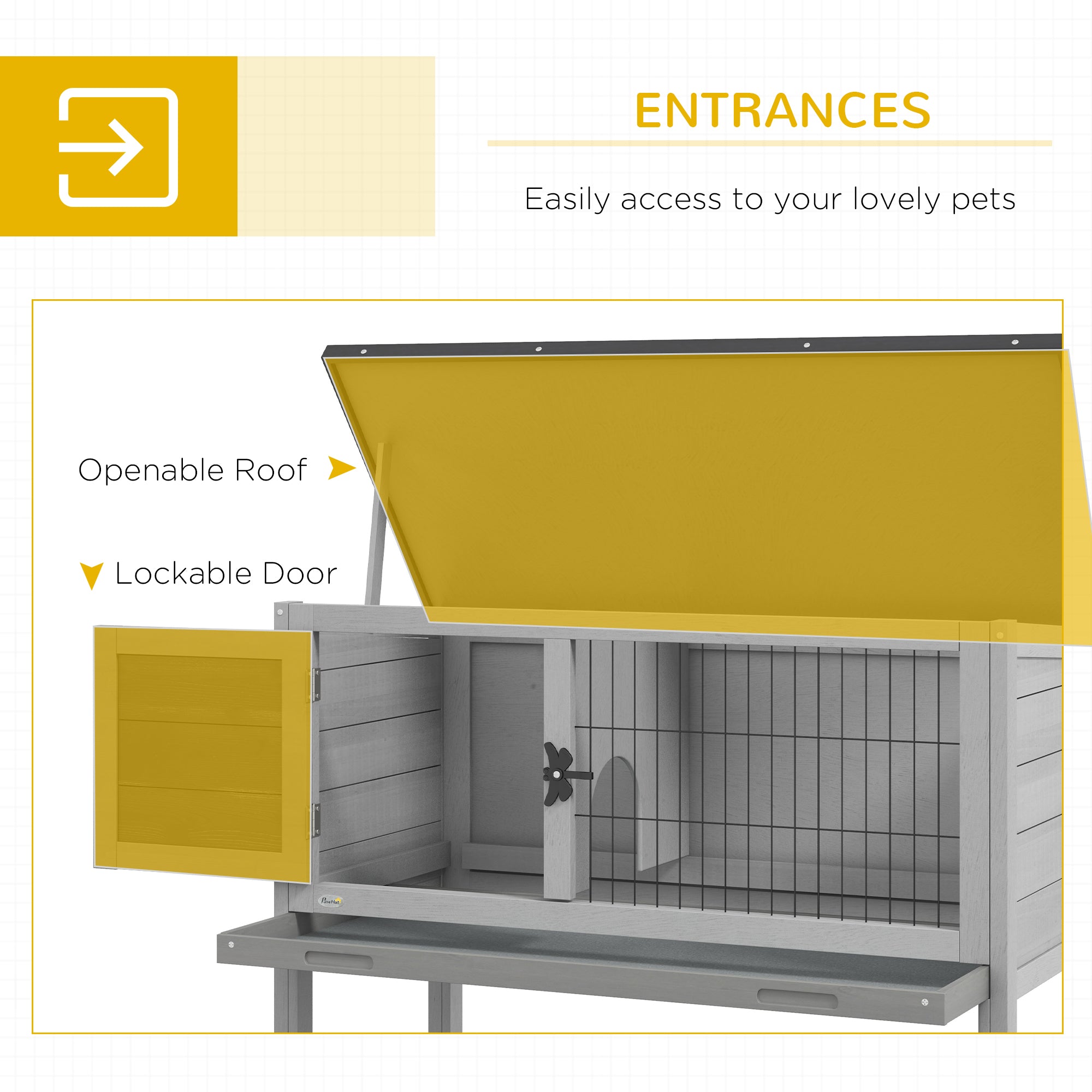 Pawhut Wooden Guinea Pig Hutch, Small Animal Cage with Slide-out Tray, Openable Asphalt Roof, 84 x 43 x 70cm, Grey