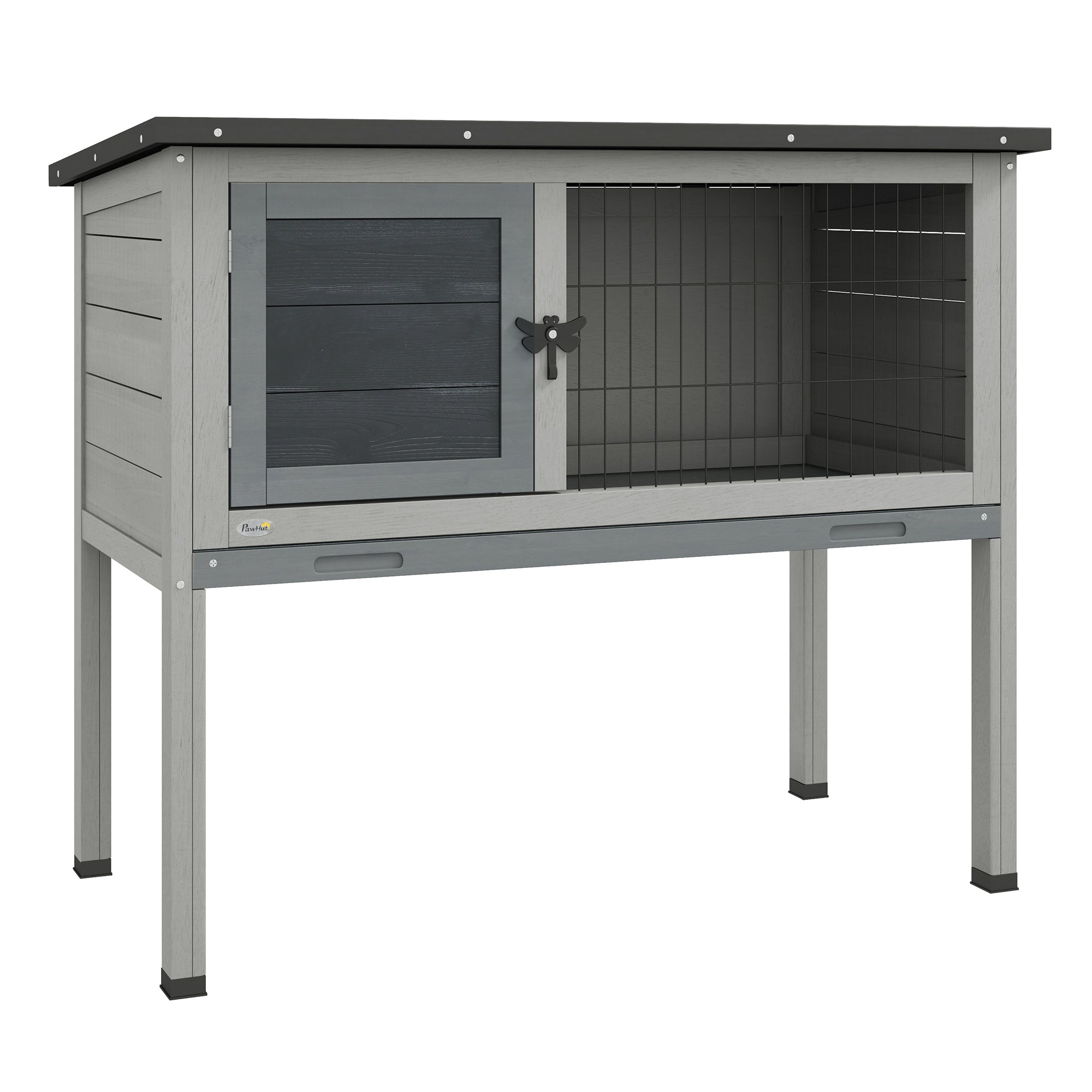 PawHut Wooden Rabbit Hutch Bunny Small Animal House with Openable Asphalt Roof, Slide-out Tray, Indoor/Outdoor, Grey