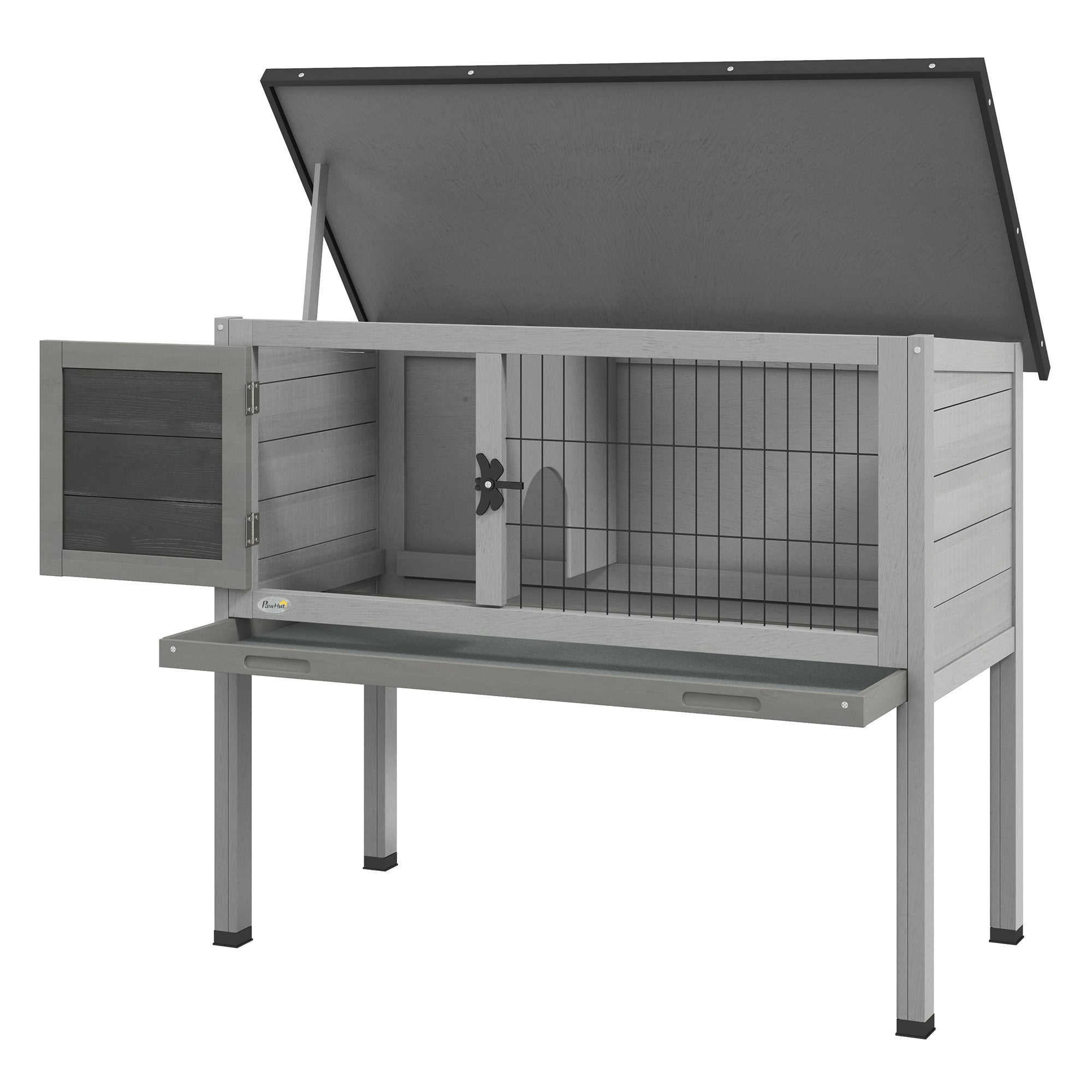 PawHut Wooden Rabbit Hutch Bunny Small Animal House with Openable Asphalt Roof, Slide-out Tray, Indoor/Outdoor, Grey