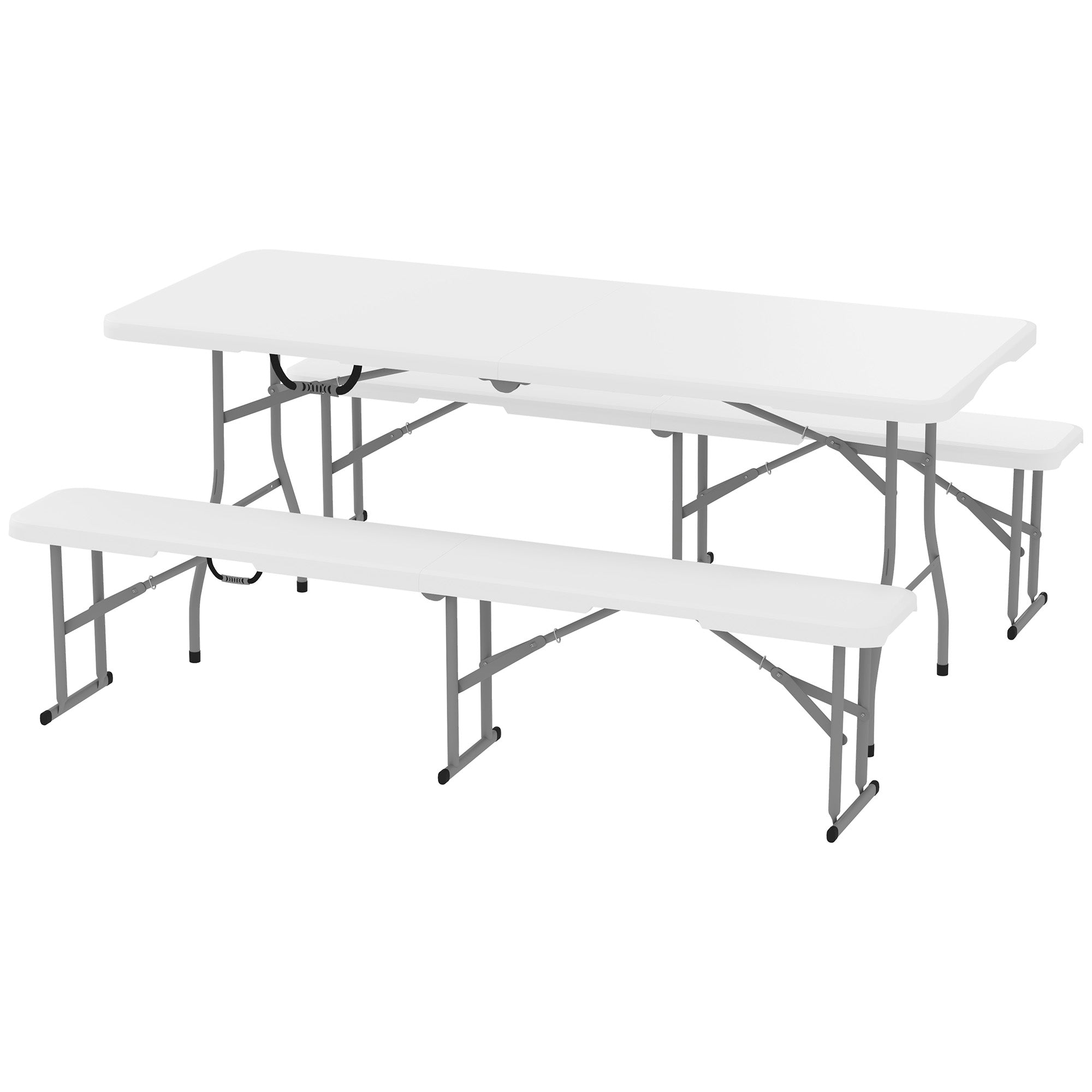 Outsunny 6FT 3-Piece Folding Picnic Table with 2 Benches, Portable Outdoor Camping Table Bench Set with Carrying Handles, Metal Frame and HDPE Tabletop for Garden, Patio, White