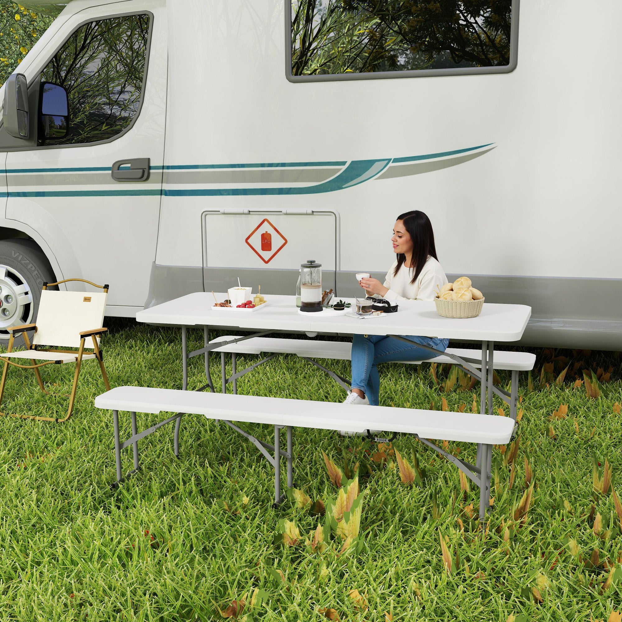 Outsunny 6FT 3-Piece Folding Picnic Table with 2 Benches, Portable Outdoor Camping Table Bench Set with Carrying Handles, Metal Frame and HDPE Tabletop for Garden, Patio, White