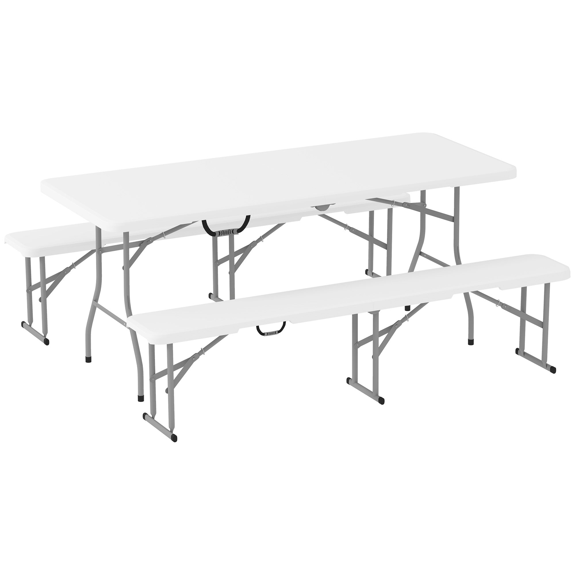Outsunny 6FT 3-Piece Folding Picnic Table with 2 Benches, Portable Outdoor Camping Table Bench Set with Carrying Handles, Metal Frame and HDPE Tabletop for Garden, Patio, White