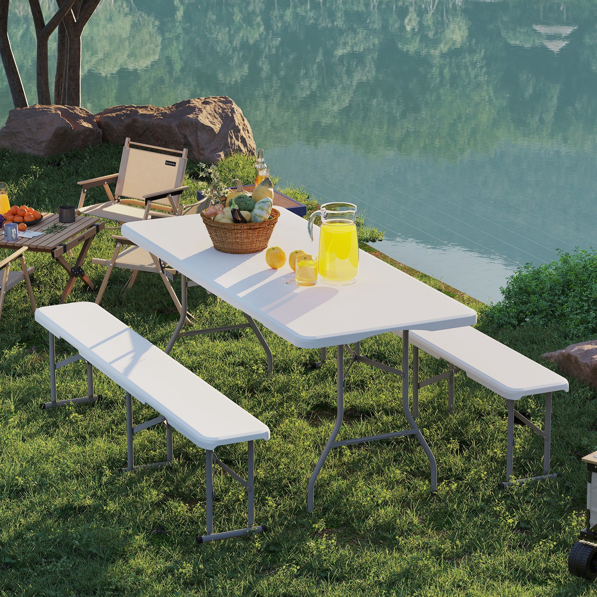 Outsunny 6FT 3-Piece Folding Picnic Table with 2 Benches, Portable Outdoor Camping Table Bench Set with Carrying Handles, Metal Frame and HDPE Tabletop for Garden, Patio, White