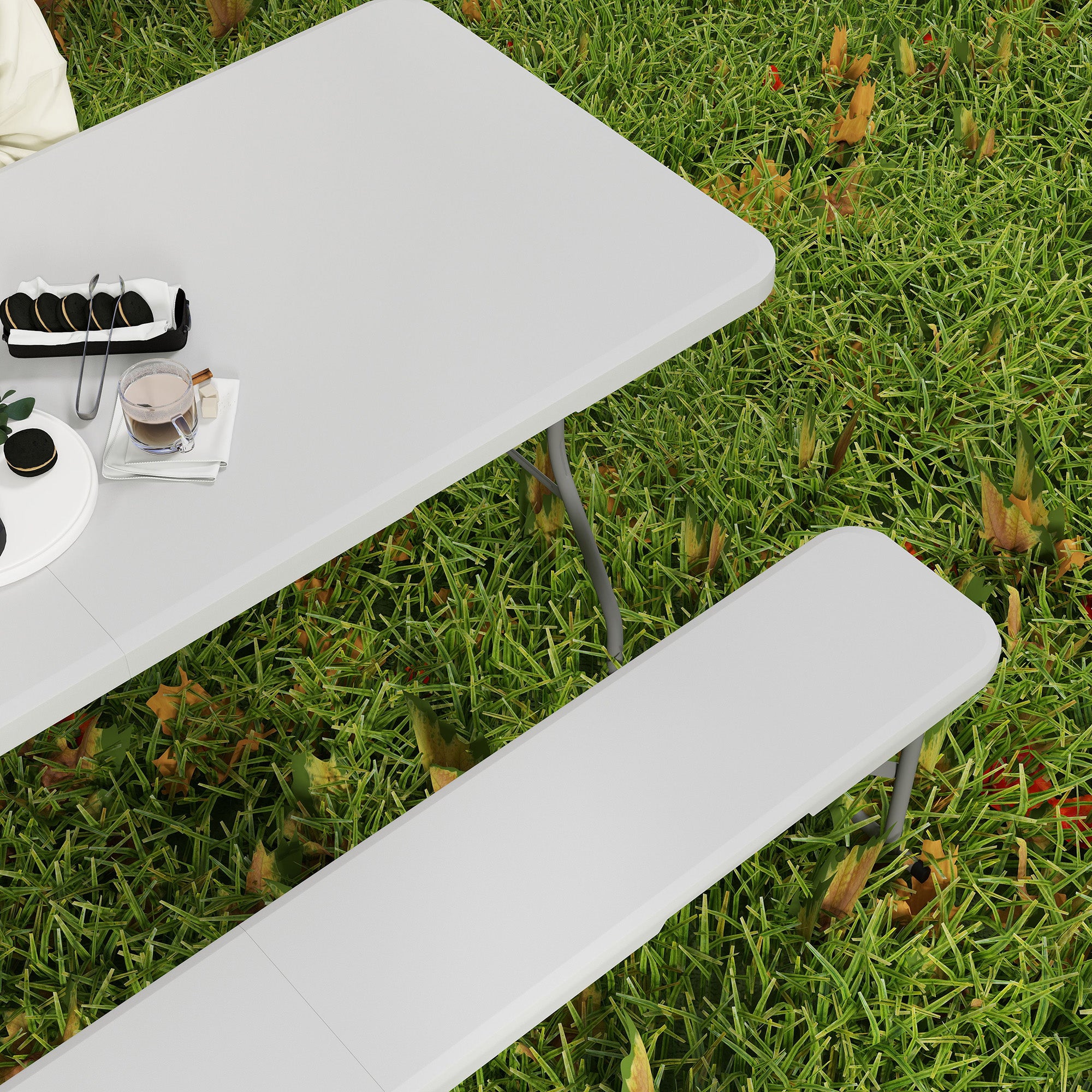 Outsunny 6FT 3-Piece Folding Picnic Table with 2 Benches, Portable Outdoor Camping Table Bench Set with Carrying Handles, Metal Frame and HDPE Tabletop for Garden, Patio, White