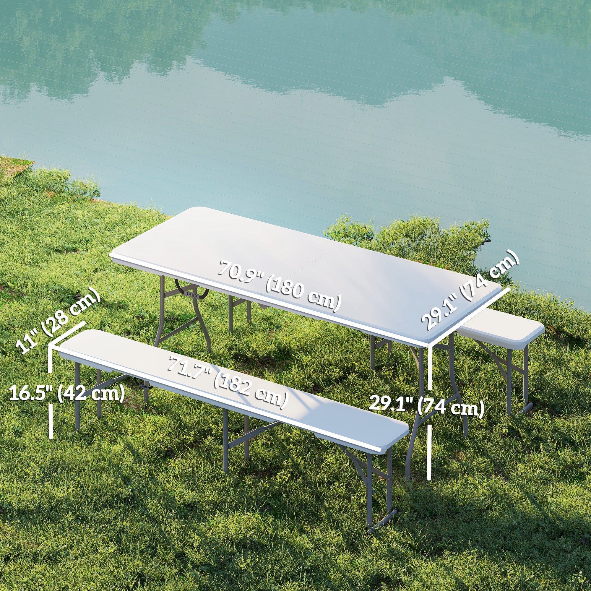Outsunny 6FT 3-Piece Folding Picnic Table with 2 Benches, Portable Outdoor Camping Table Bench Set with Carrying Handles, Metal Frame and HDPE Tabletop for Garden, Patio, White