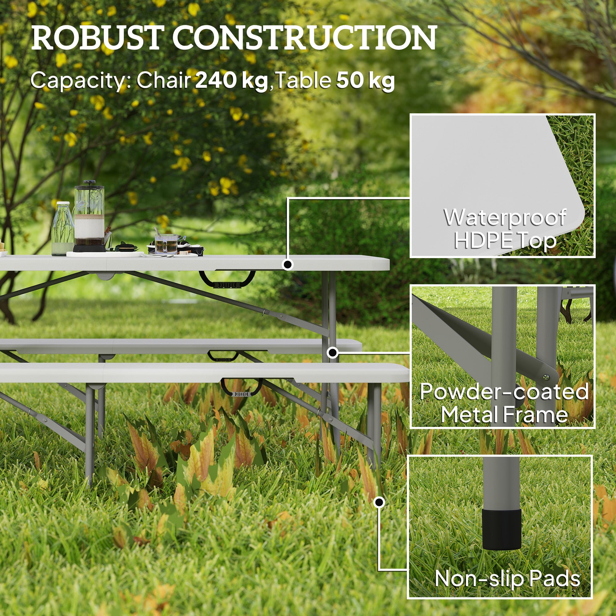 Outsunny 6FT 3-Piece Folding Picnic Table with 2 Benches, Portable Outdoor Camping Table Bench Set with Carrying Handles, Metal Frame and HDPE Tabletop for Garden, Patio, White