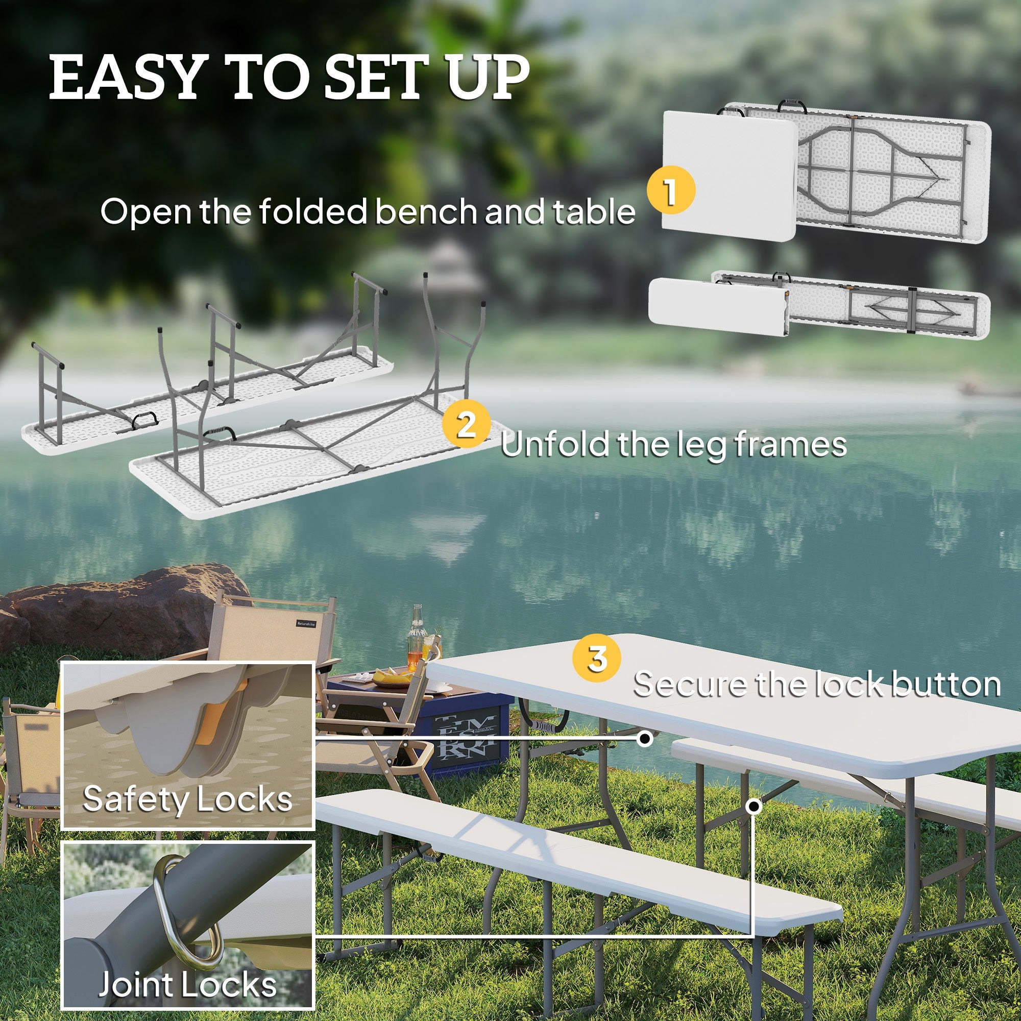 Outsunny 6FT 3-Piece Folding Picnic Table with 2 Benches, Portable Outdoor Camping Table Bench Set with Carrying Handles, Metal Frame and HDPE Tabletop for Garden, Patio, White