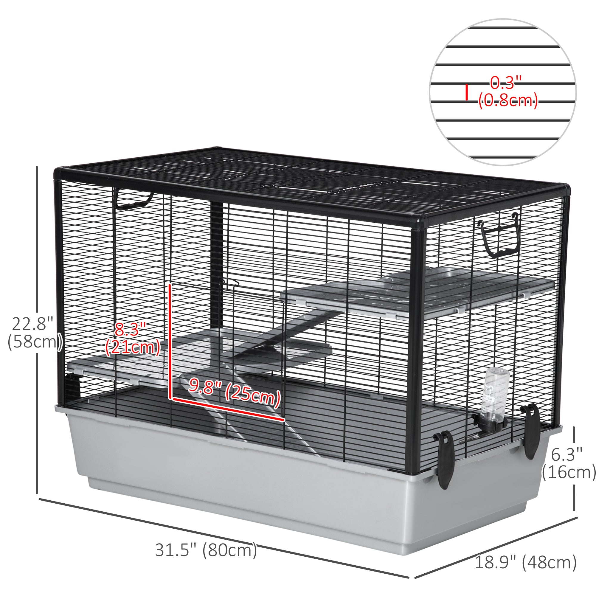 PawHut 3-tier Hamster Cage, Guinea Pig Cage, Pet Chinchillas Play House Indoor with Accessories Food Dish Water Bottle, Ramps, 31.5"x19"x23", Grey