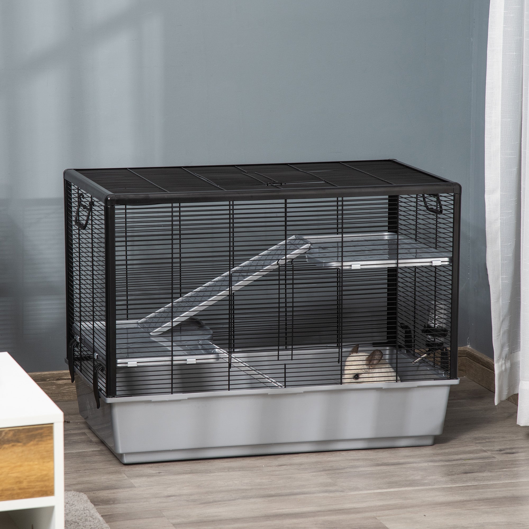 PawHut 3-tier Hamster Cage, Guinea Pig Cage, Pet Chinchillas Play House Indoor with Accessories Food Dish Water Bottle, Ramps, 31.5"x19"x23", Grey