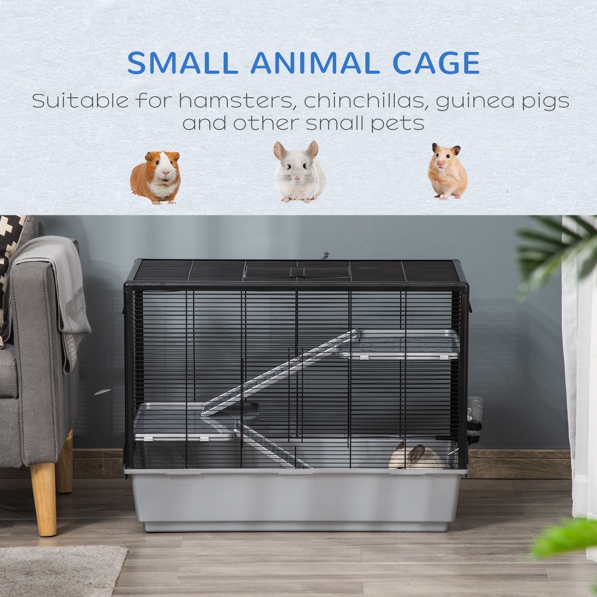 PawHut 3-tier Hamster Cage, Guinea Pig Cage, Pet Chinchillas Play House Indoor with Accessories Food Dish Water Bottle, Ramps, 31.5"x19"x23", Grey