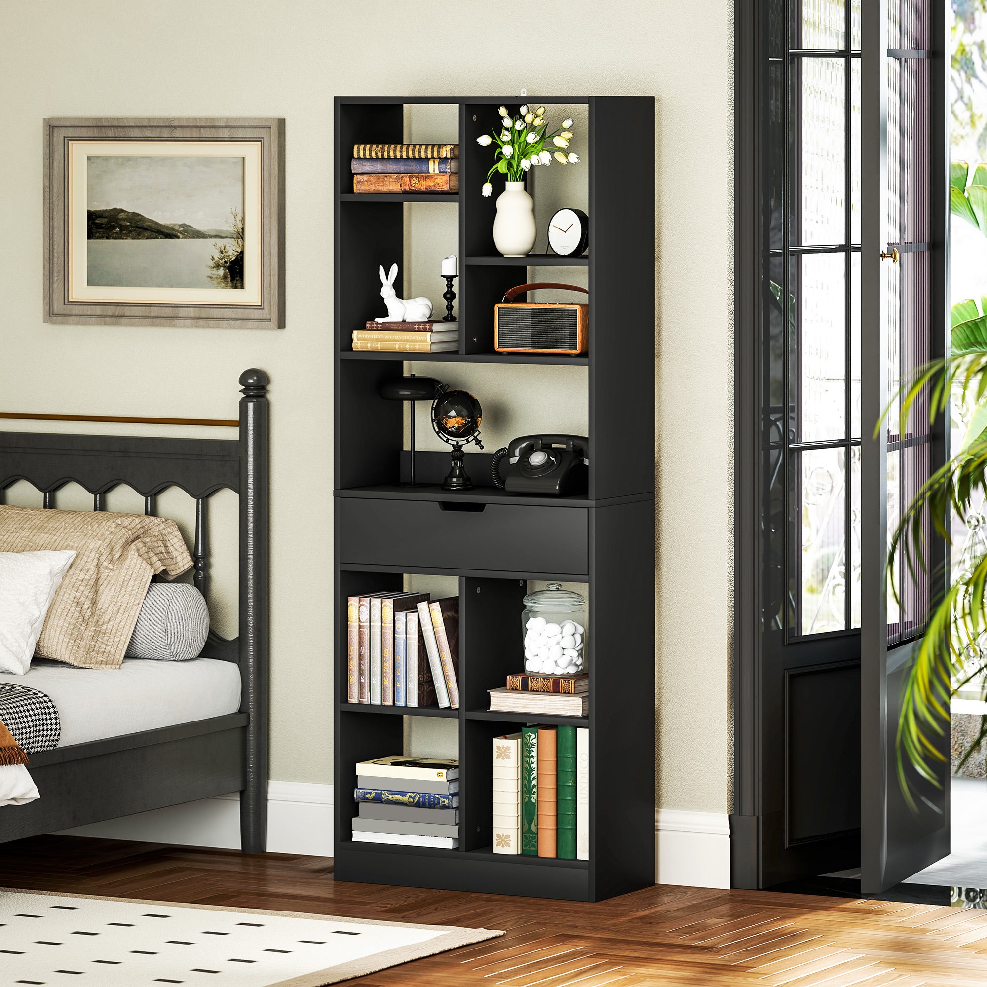 HOMCOM Tall Bookshelf with Drawer, Freestanding Bookcase with Open Shelves, Shelving Unit, Display Rack for Bedroom, Living Room, Home Office, Black