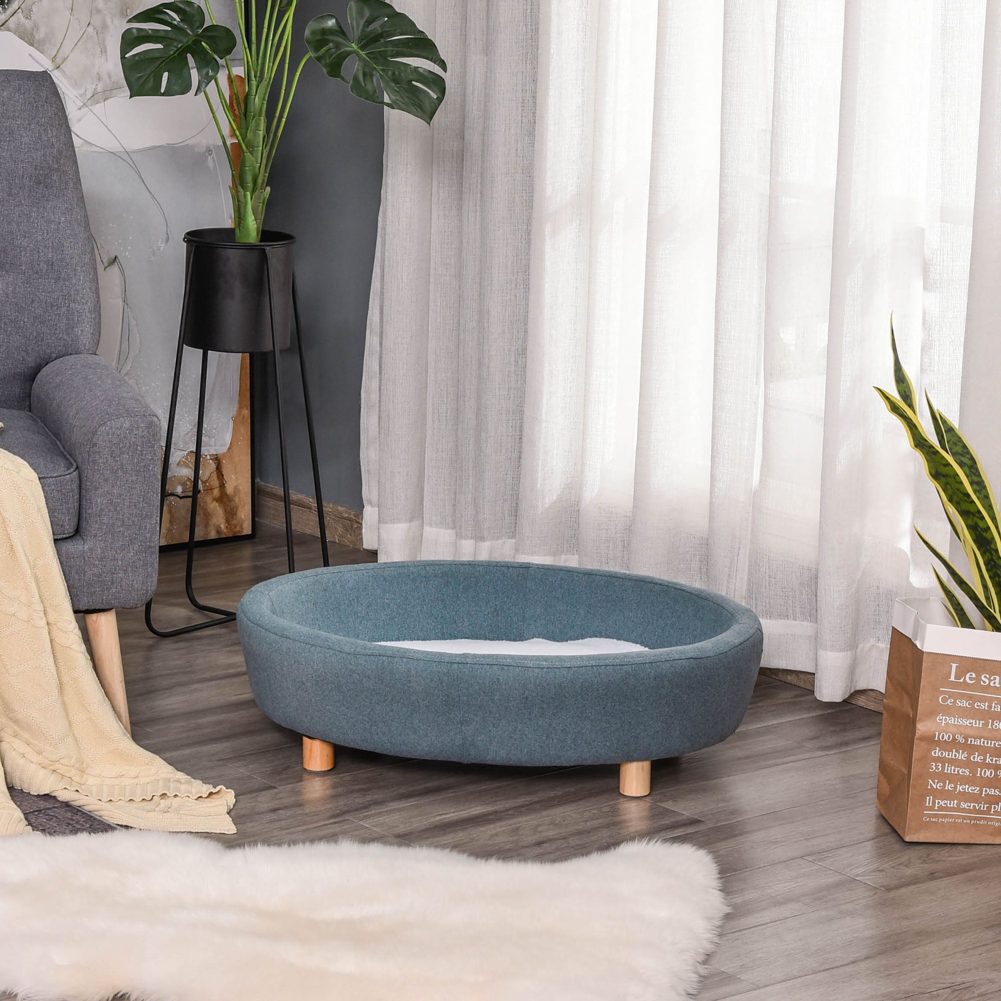 PawHut Dog Sofa Oval Shape Pet Bed, Cat Chair Couch with Sponge Padded Cushion, Washable Cover, Wooden Legs for Small and Medium Dogs - Light Blue