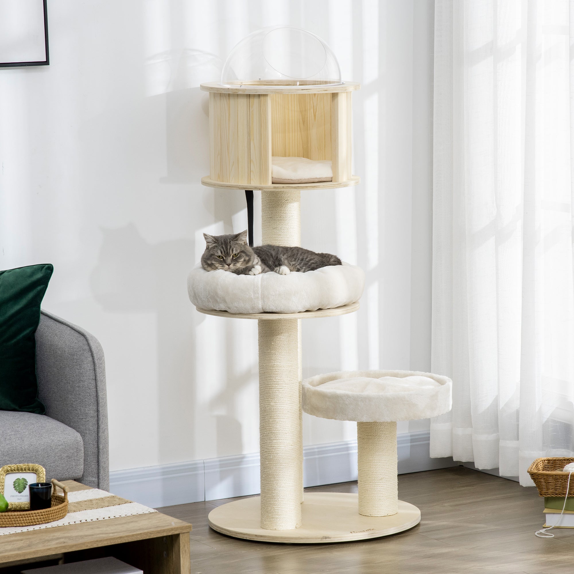 PawHut 55" Cat Tree, Wood Cat Tower for Indoor Cats with Scratching Post, Condo Bed, Natural