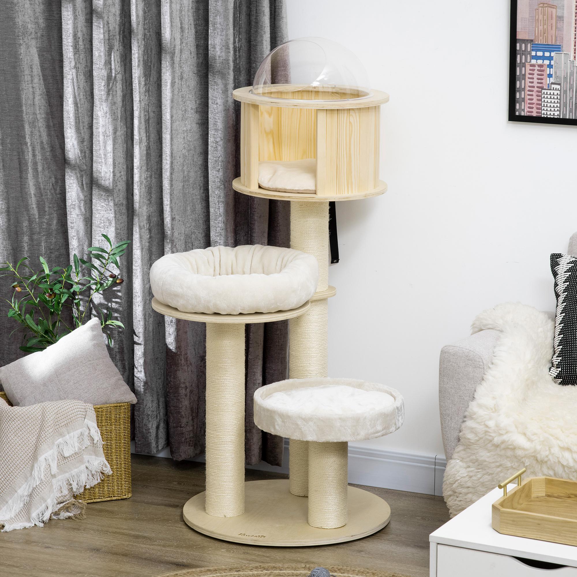 PawHut 55" Cat Tree, Wood Cat Tower for Indoor Cats with Scratching Post, Condo Bed, Natural