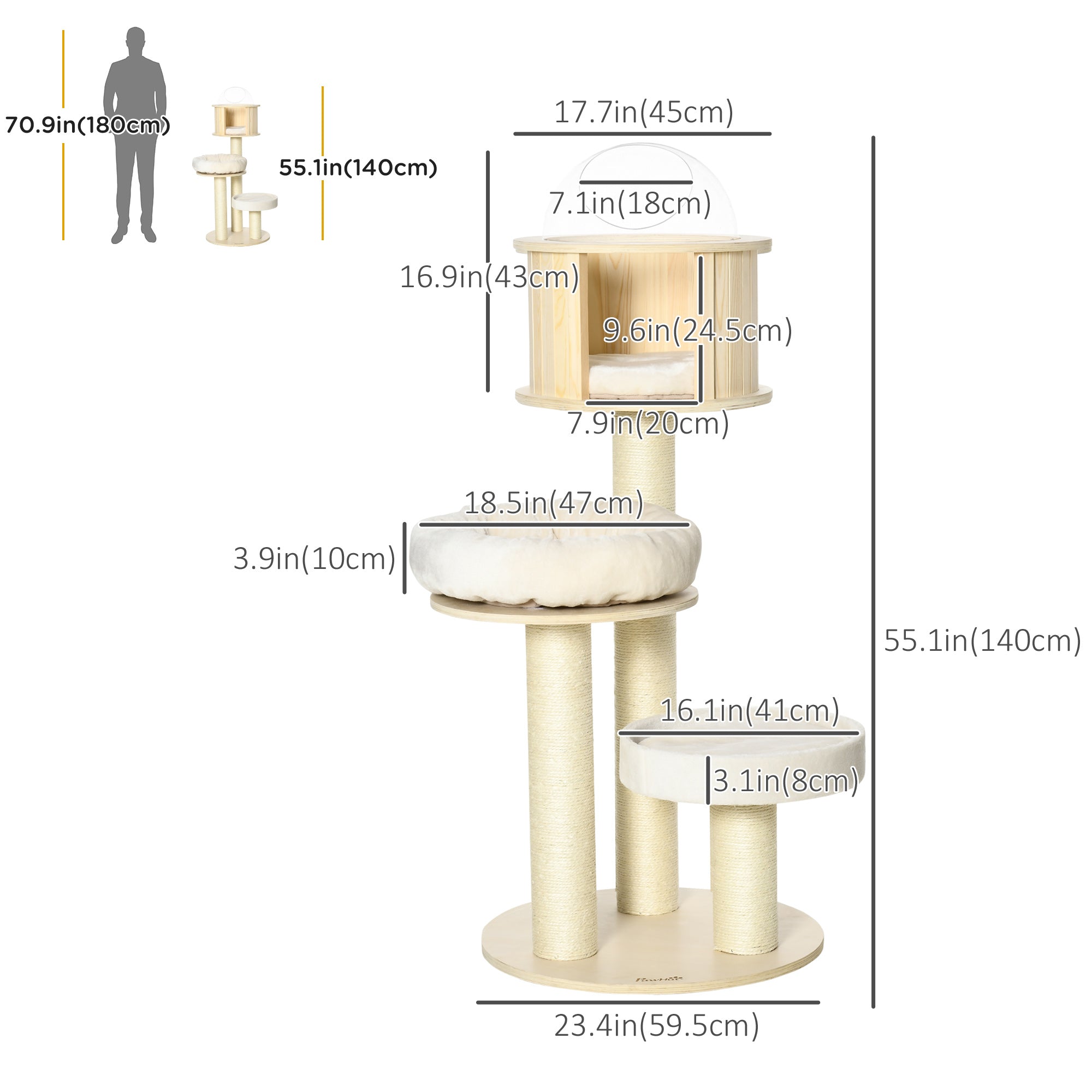 PawHut 55" Cat Tree, Wood Cat Tower for Indoor Cats with Scratching Post, Condo Bed, Natural