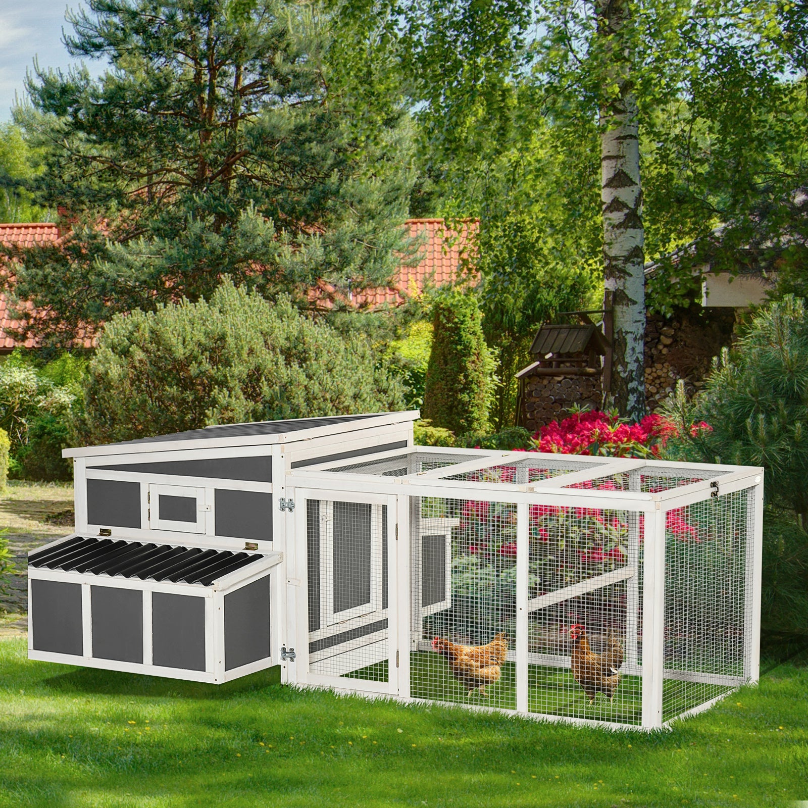 PawHut Large Chicken Coop Rabbit Hutch with Run Hen House Poultry Crate with Nesting Box for 6 Chickens Slide Out Tray Perches, 225x147x 85.5cm