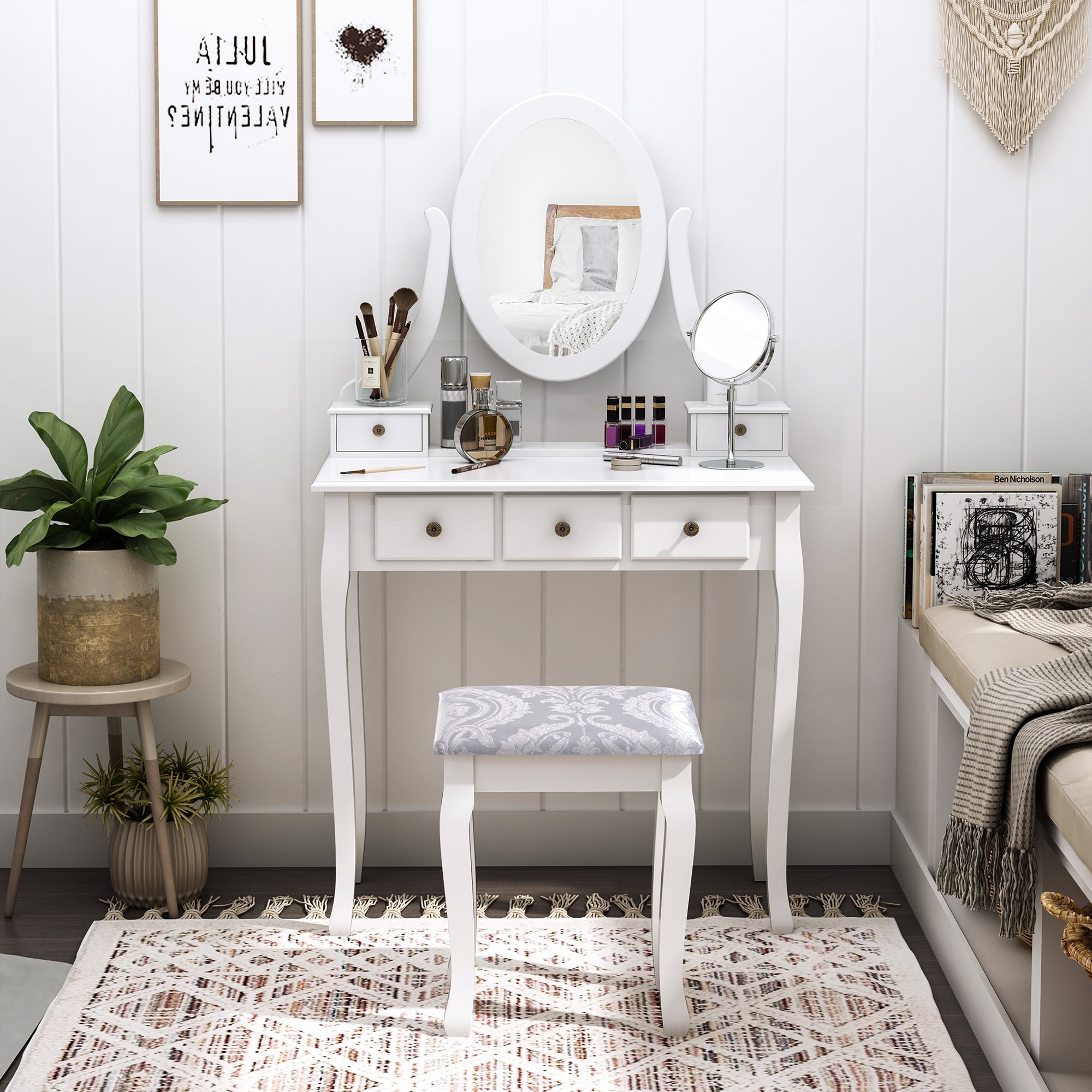HOMCOM Wooden Vanity Table Set, Makeup Dressing Table with 360° Rotating, 5 Drawers and Padded Stool, White