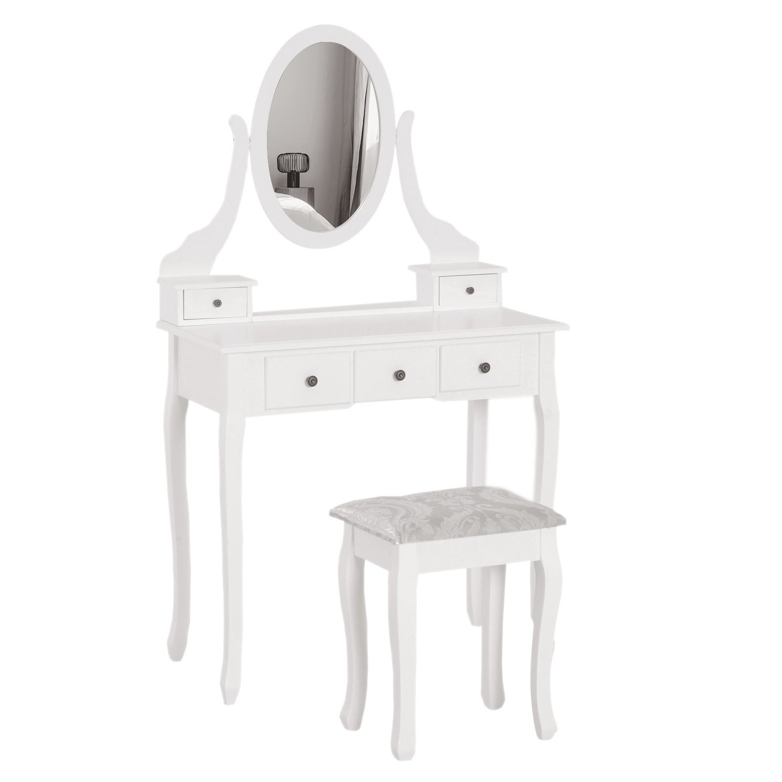 HOMCOM Wooden Vanity Table Set, Makeup Dressing Table with 360° Rotating, 5 Drawers and Padded Stool, White