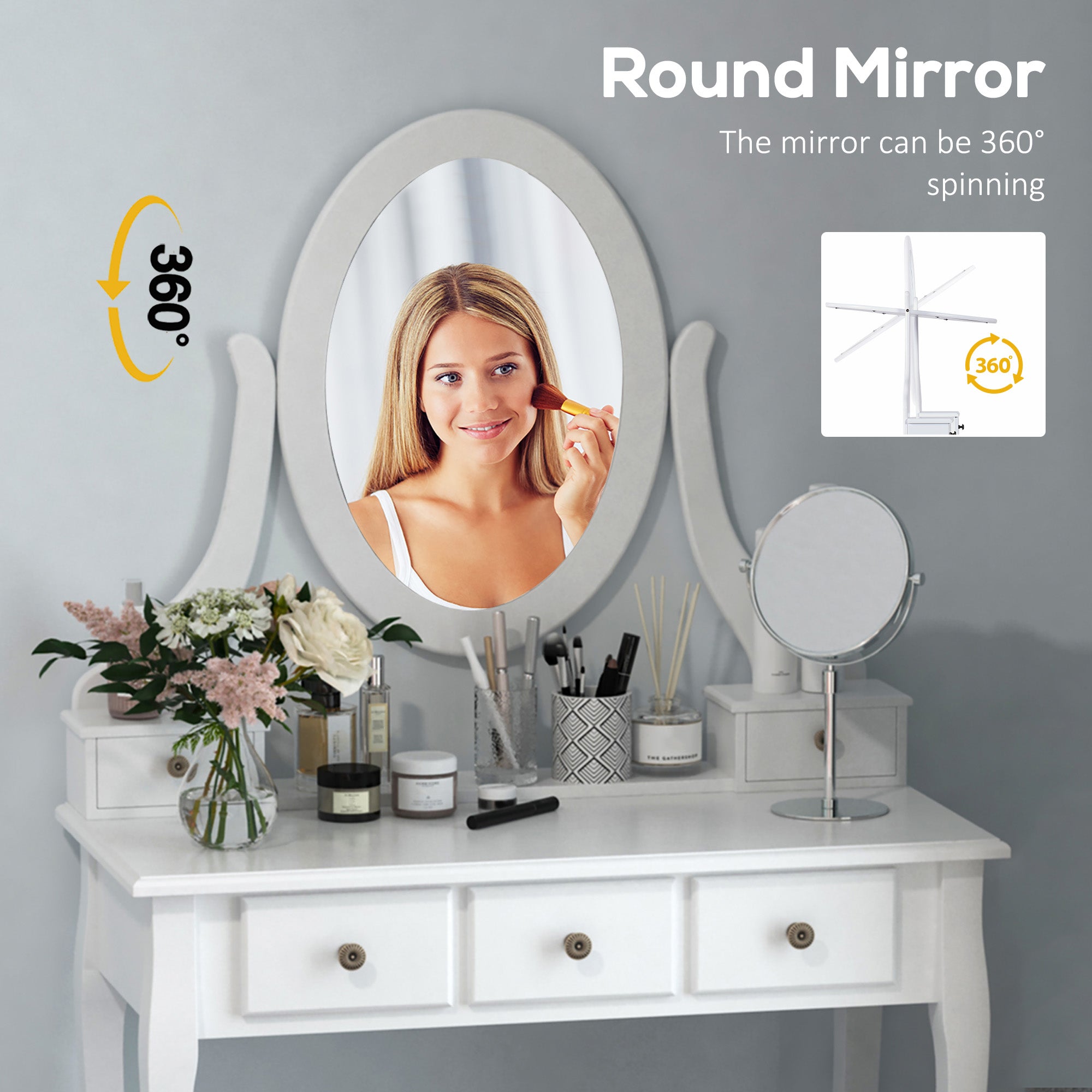 HOMCOM Wooden Vanity Table Set, Makeup Dressing Table with 360° Rotating, 5 Drawers and Padded Stool, White