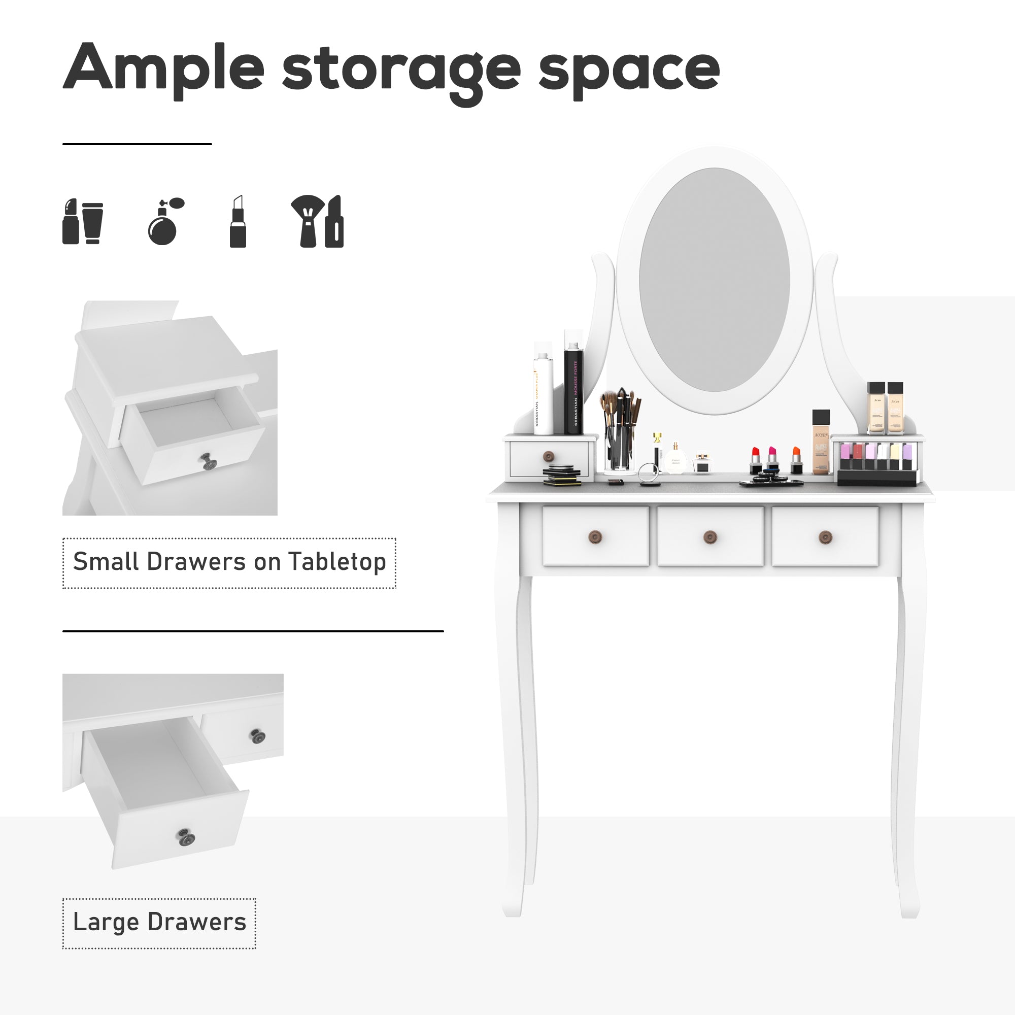 HOMCOM Wooden Vanity Table Set, Makeup Dressing Table with 360° Rotating, 5 Drawers and Padded Stool, White