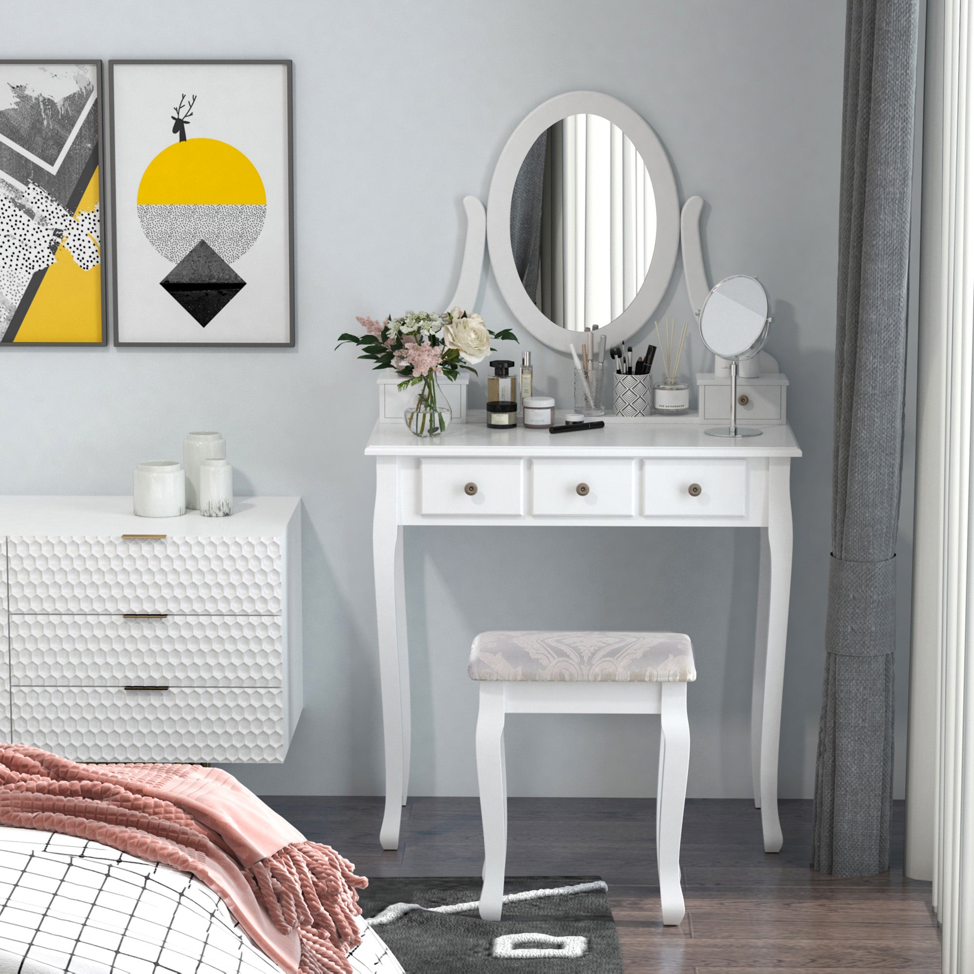 HOMCOM Wooden Vanity Table Set, Makeup Dressing Table with 360° Rotating, 5 Drawers and Padded Stool, White