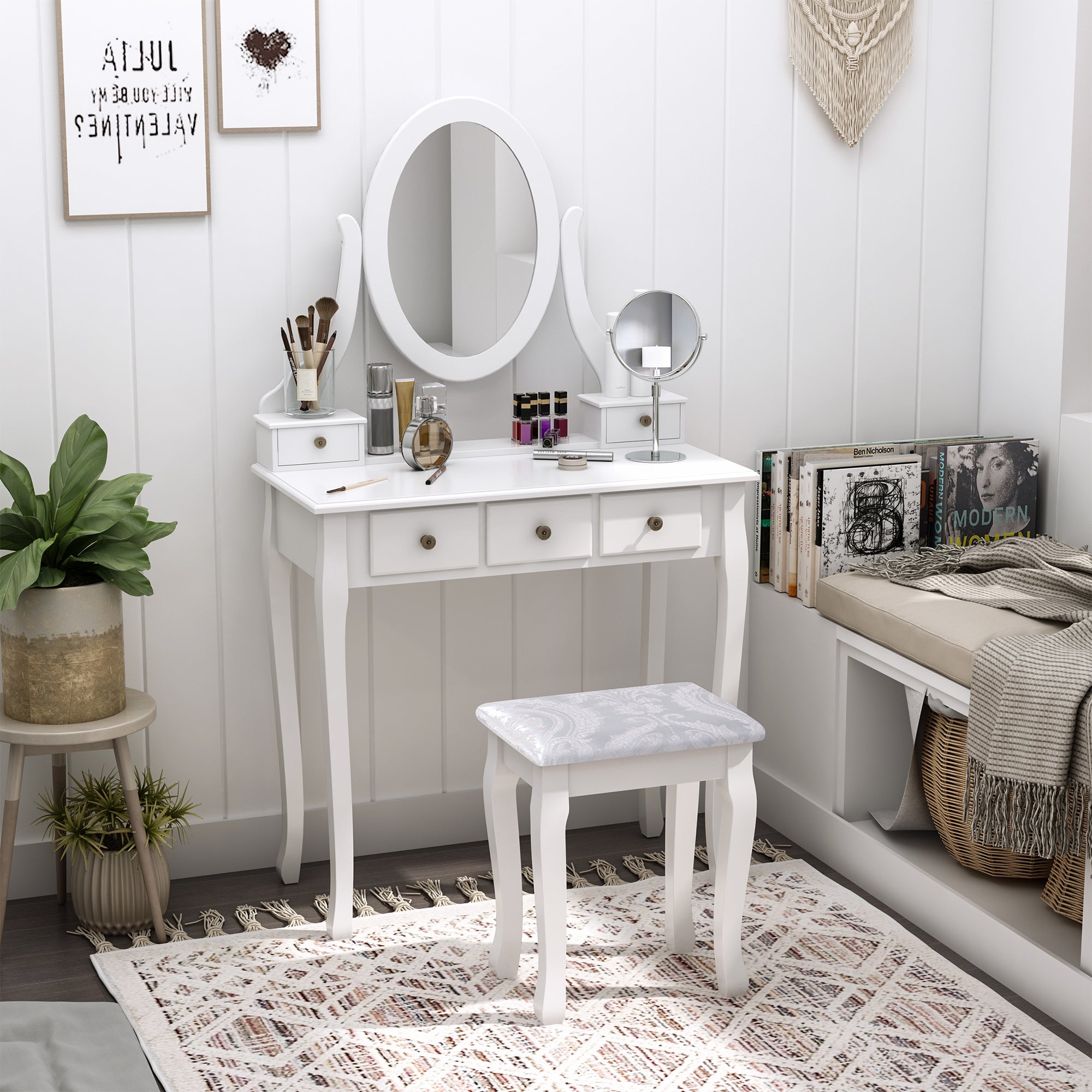 HOMCOM Wooden Vanity Table Set, Makeup Dressing Table with 360° Rotating, 5 Drawers and Padded Stool, White