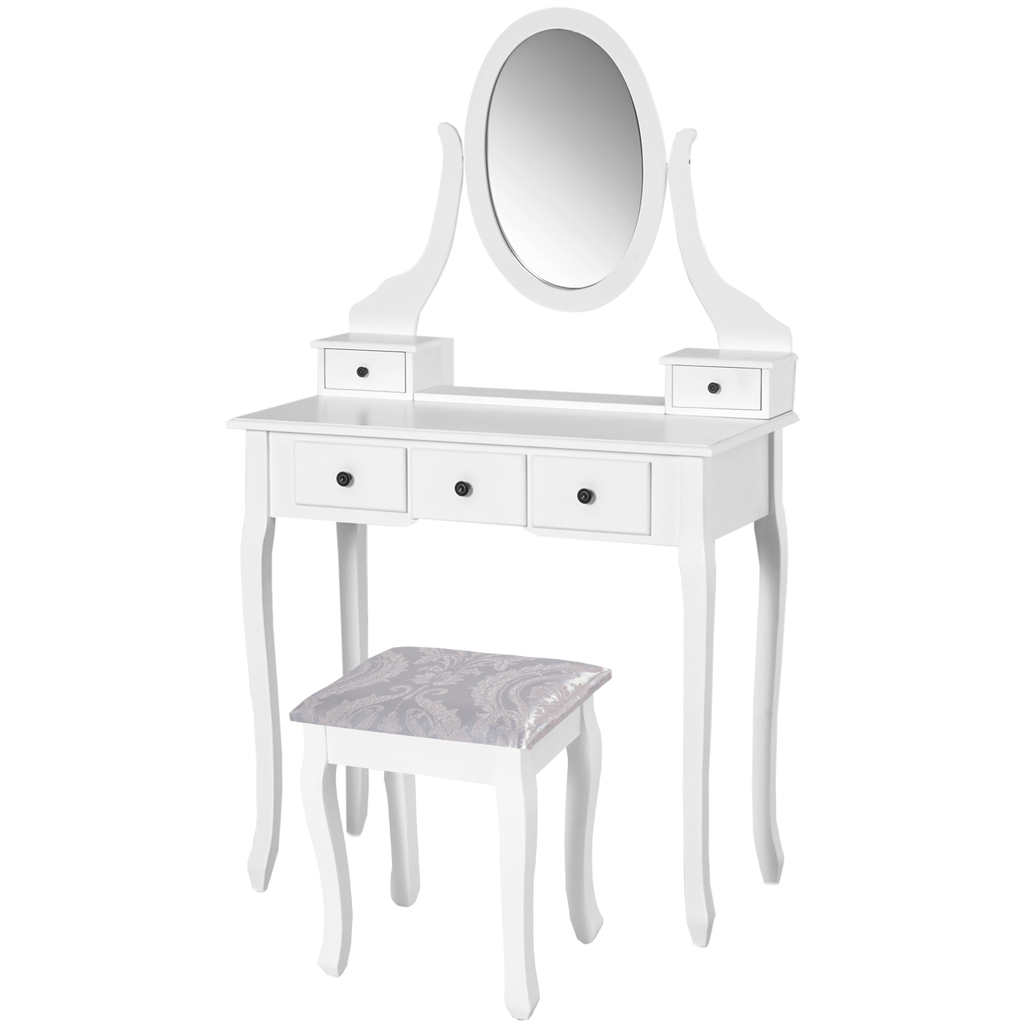 HOMCOM Wooden Vanity Table Set, Makeup Dressing Table with 360° Rotating, 5 Drawers and Padded Stool, White