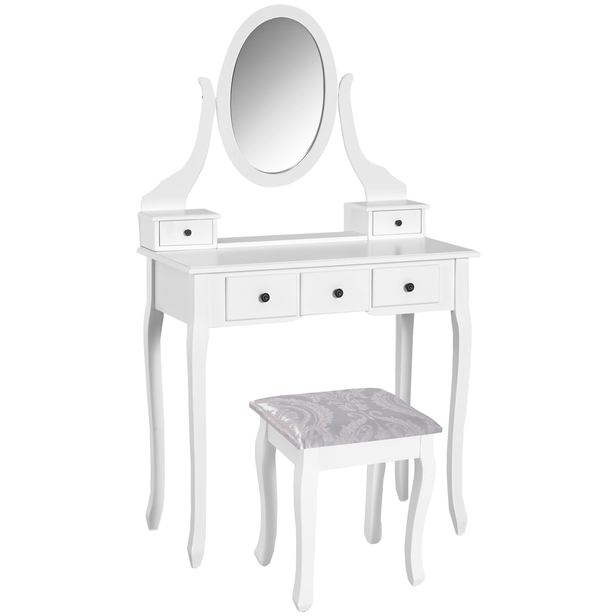 HOMCOM Wooden Vanity Table Set, Makeup Dressing Table with 360° Rotating, 5 Drawers and Padded Stool, White