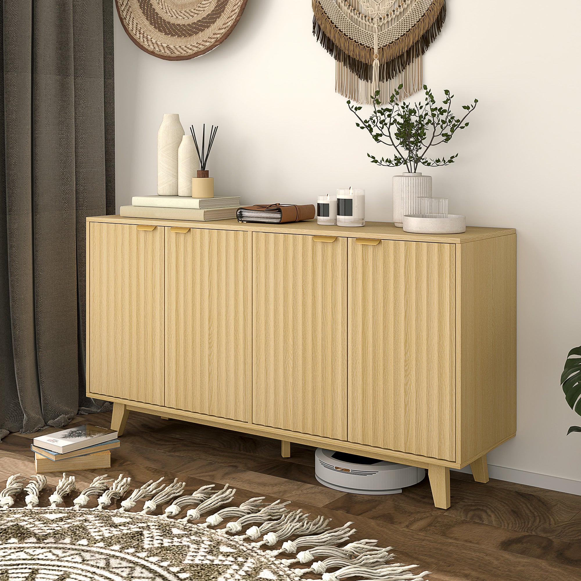 HOMCOM Modern Sideboard Buffet Cabinet with Storage, 55" Kitchen Storage Cabinet with 4 Fluted Doors, 2 Adjustable Shelves and 5 Wood Legs, Nature Wood