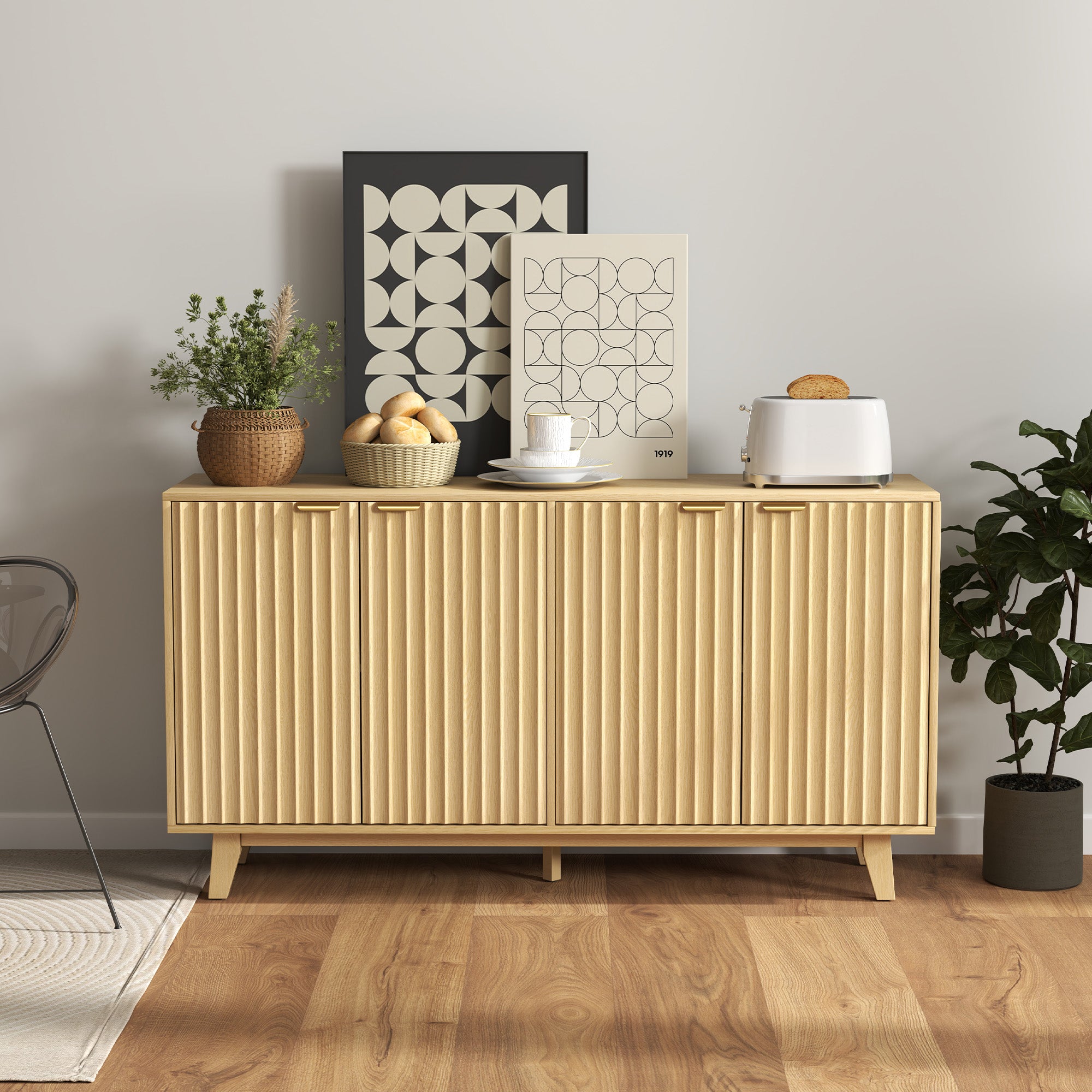 HOMCOM Modern Sideboard Buffet Cabinet with Storage, 55" Kitchen Storage Cabinet with 4 Fluted Doors, 2 Adjustable Shelves and 5 Wood Legs, Nature Wood