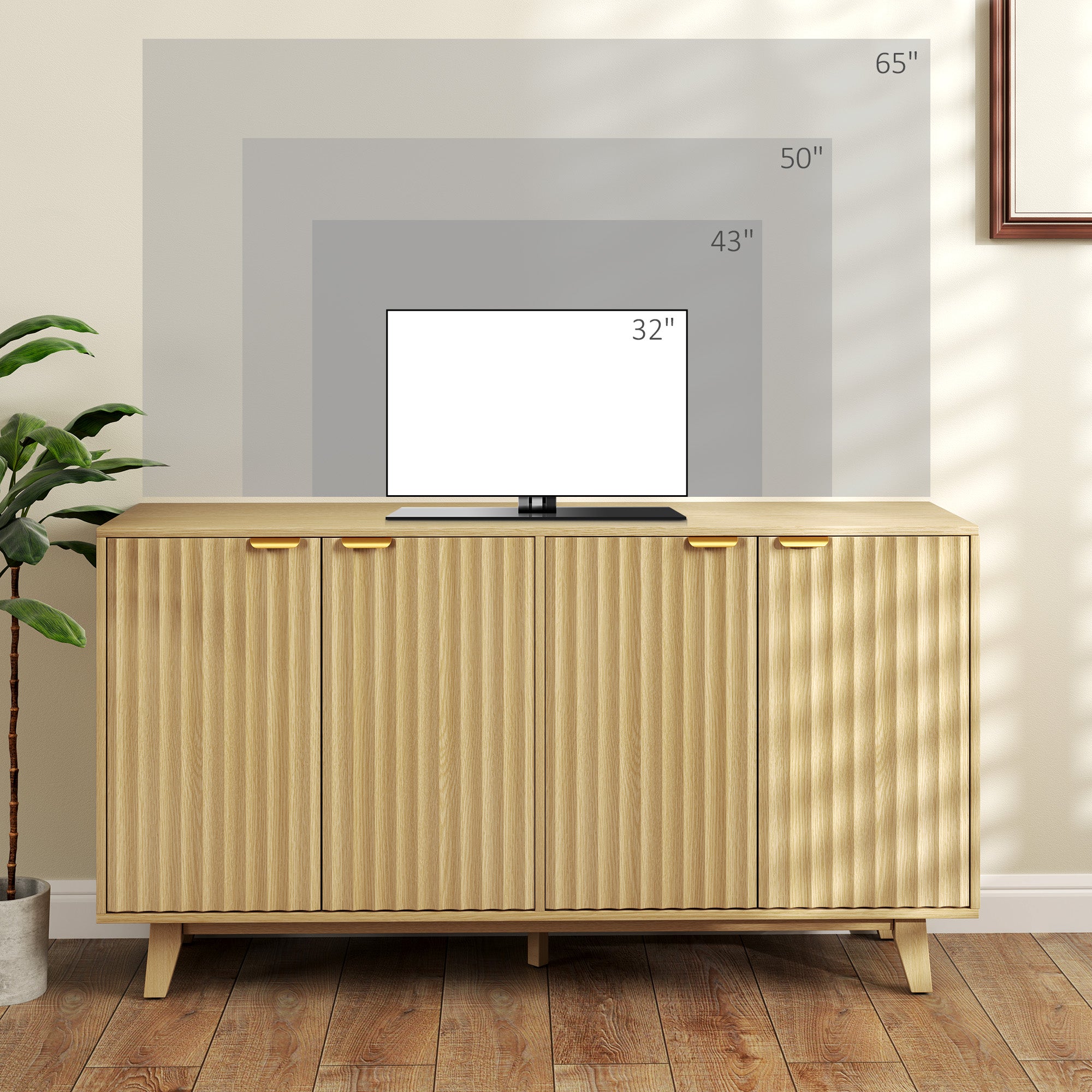 HOMCOM Modern Sideboard Buffet Cabinet with Storage, 55" Kitchen Storage Cabinet with 4 Fluted Doors, 2 Adjustable Shelves and 5 Wood Legs, Nature Wood