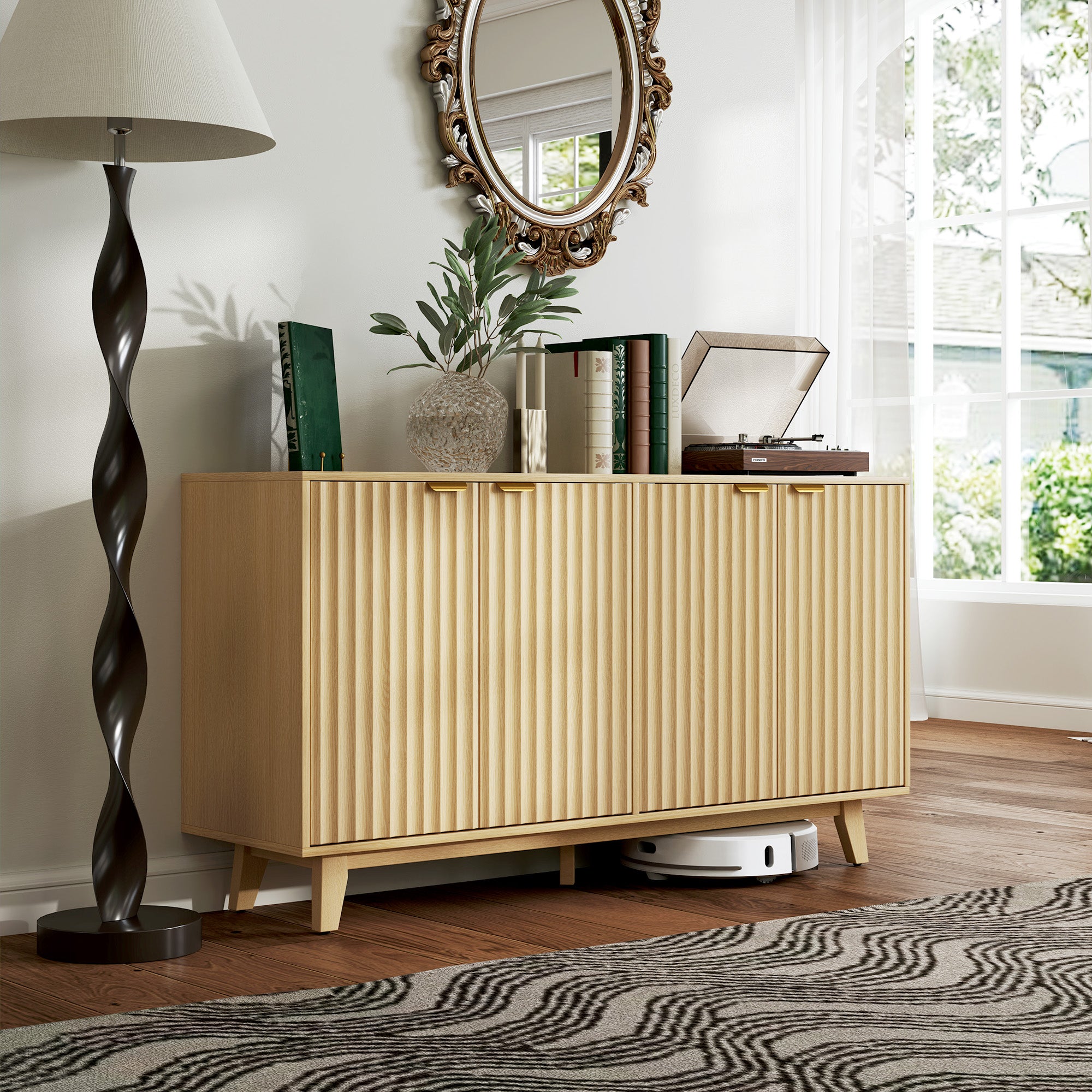 HOMCOM Modern Sideboard Buffet Cabinet with Storage, 55" Kitchen Storage Cabinet with 4 Fluted Doors, 2 Adjustable Shelves and 5 Wood Legs, Nature Wood