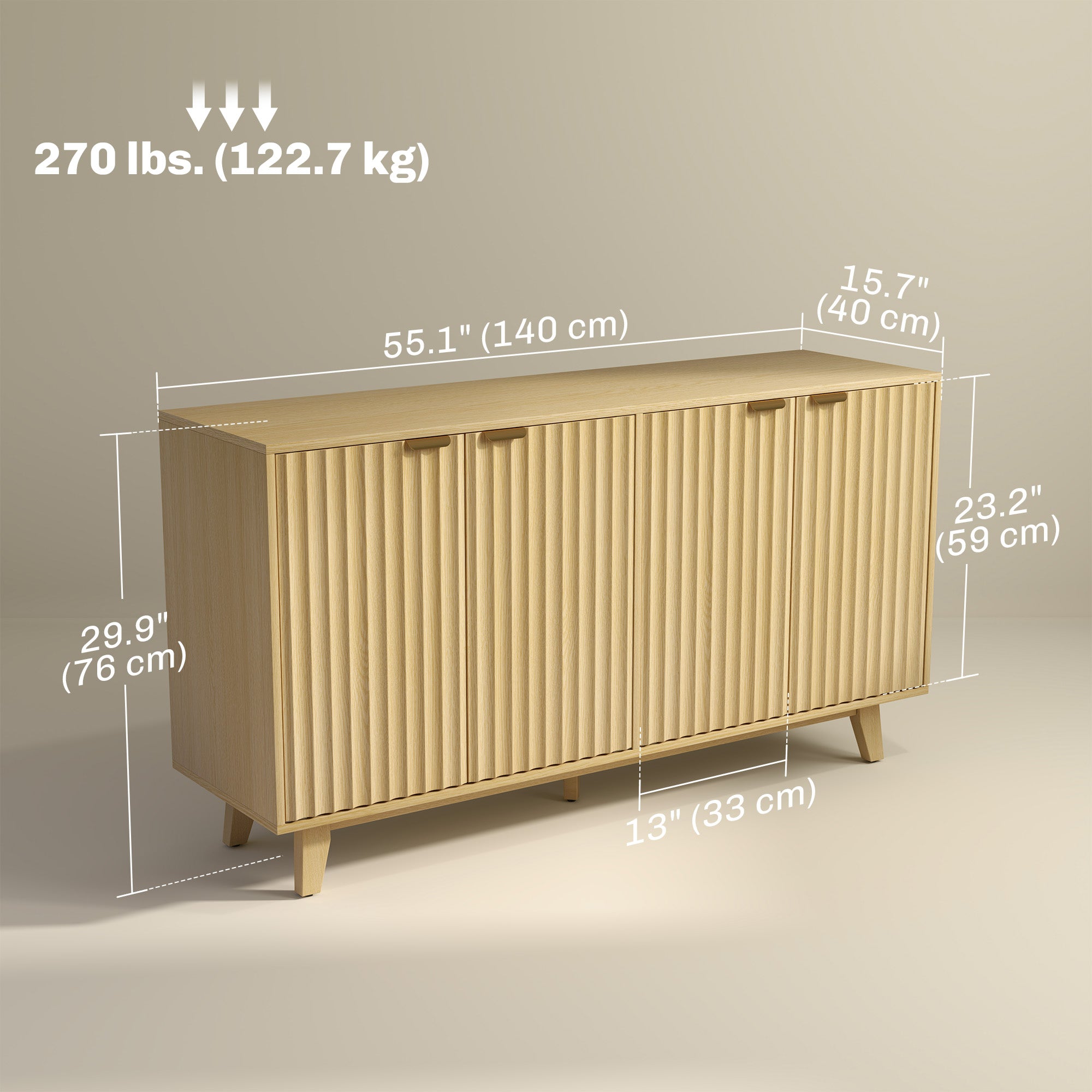 HOMCOM Modern Sideboard Buffet Cabinet with Storage, 55" Kitchen Storage Cabinet with 4 Fluted Doors, 2 Adjustable Shelves and 5 Wood Legs, Nature Wood