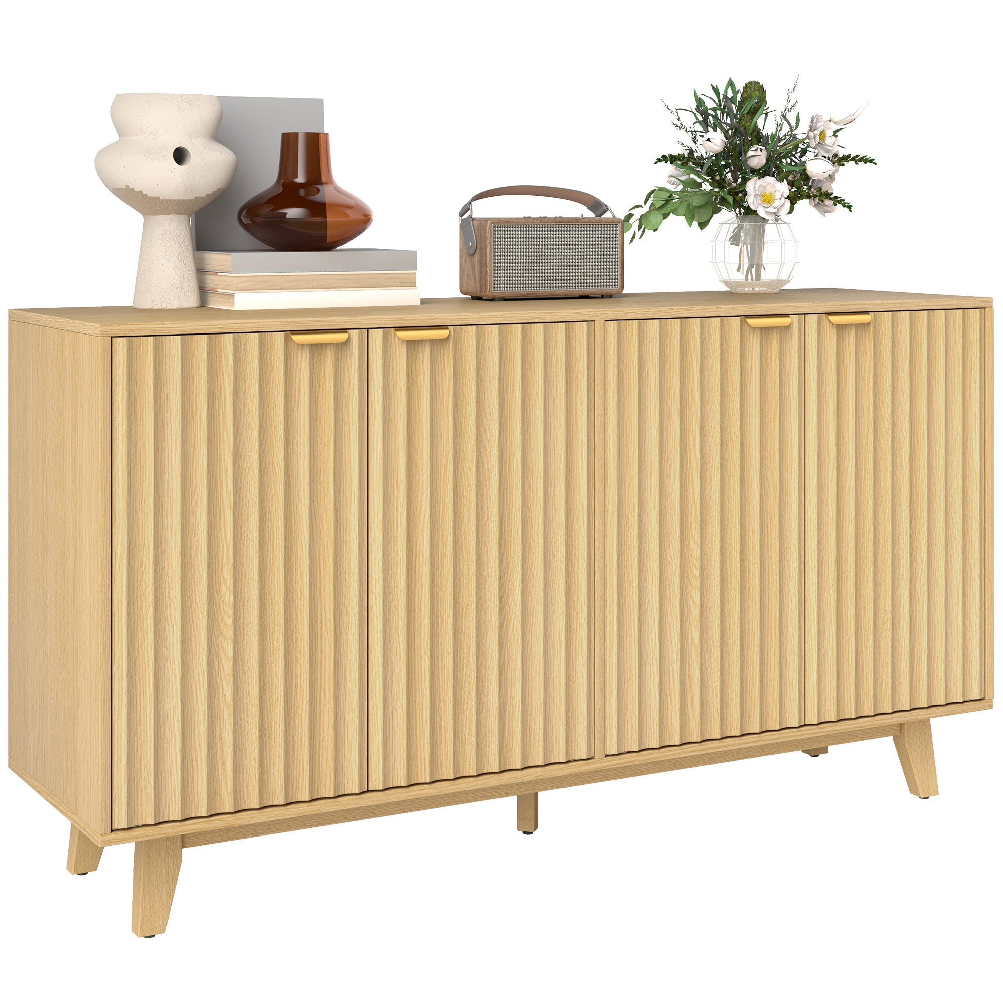 HOMCOM Modern Sideboard Buffet Cabinet with Storage, 55" Kitchen Storage Cabinet with 4 Fluted Doors, 2 Adjustable Shelves and 5 Wood Legs, Nature Wood