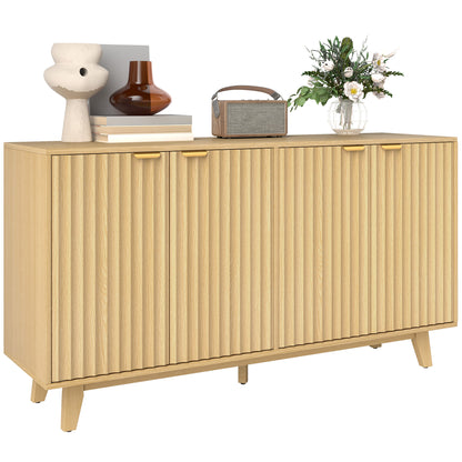HOMCOM Modern Sideboard Buffet Cabinet with Storage, 55" Kitchen Storage Cabinet with 4 Fluted Doors, 2 Adjustable Shelves and 5 Wood Legs, Nature Wood