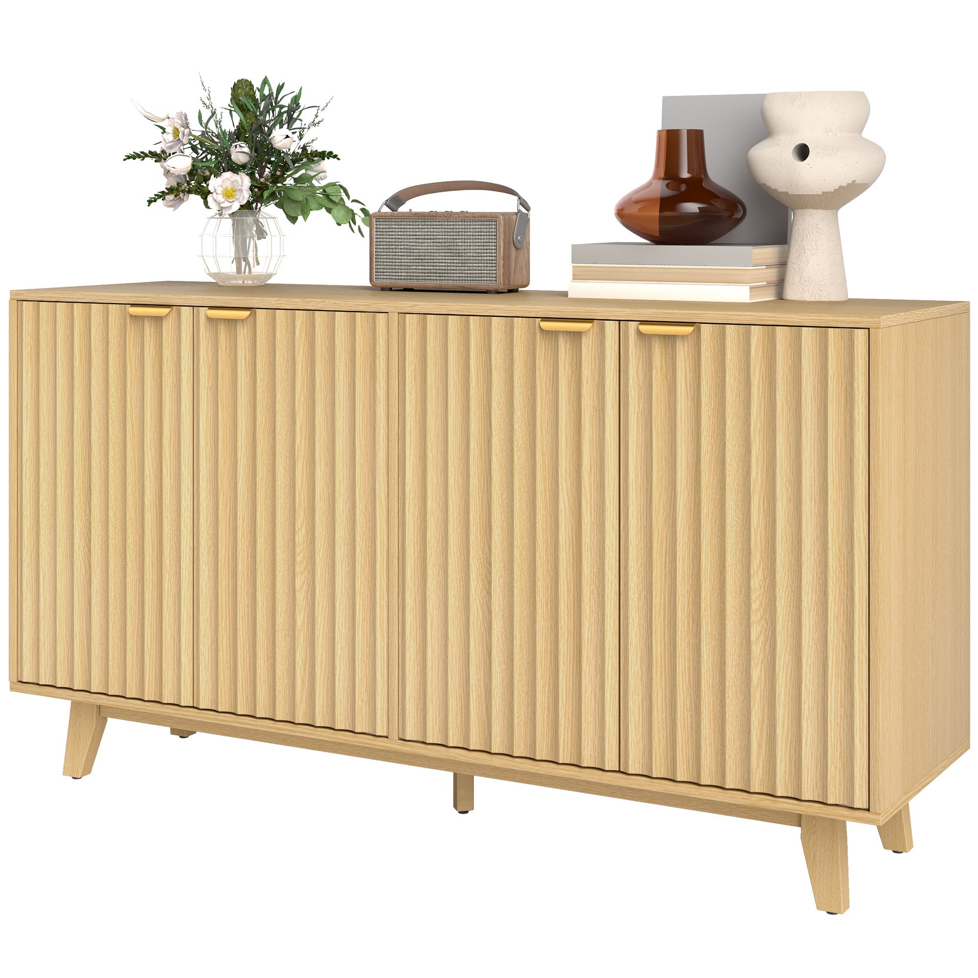HOMCOM Modern Sideboard Buffet Cabinet with Storage, 55" Kitchen Storage Cabinet with 4 Fluted Doors, 2 Adjustable Shelves and 5 Wood Legs, Nature Wood