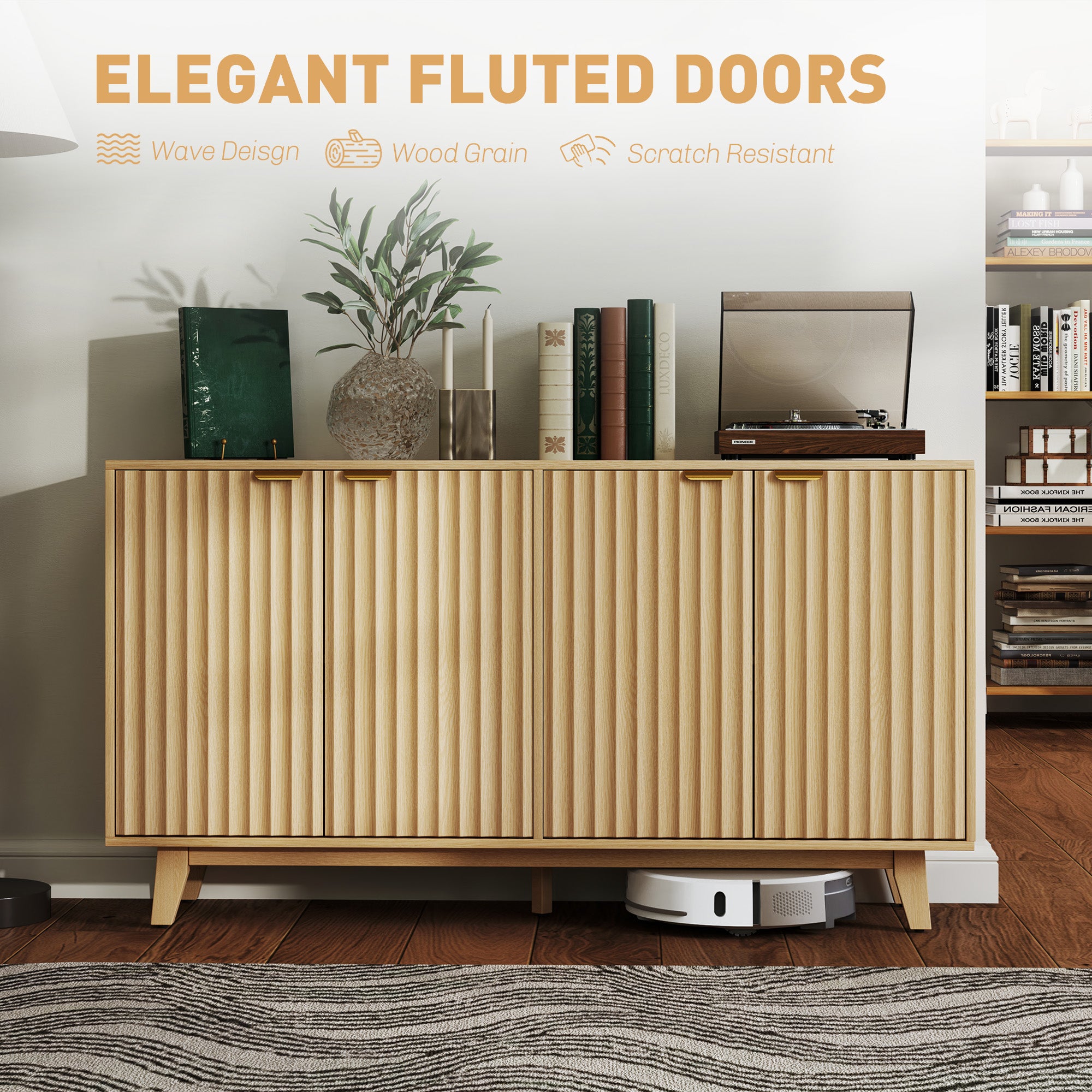 HOMCOM Modern Sideboard Buffet Cabinet with Storage, 55" Kitchen Storage Cabinet with 4 Fluted Doors, 2 Adjustable Shelves and 5 Wood Legs, Nature Wood