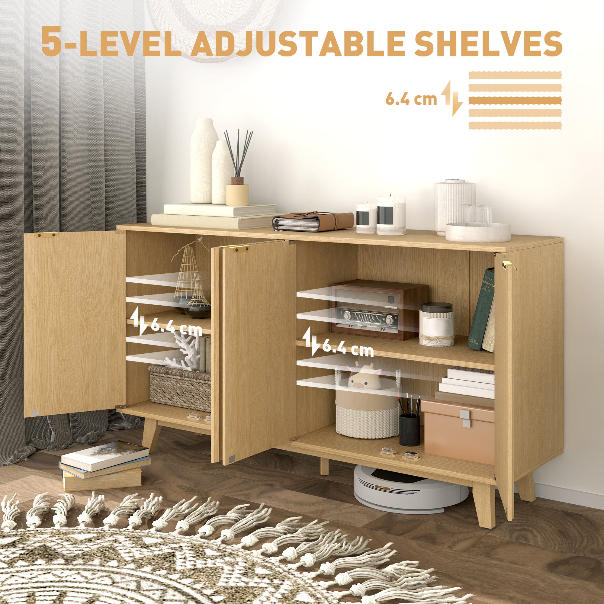 HOMCOM Modern Sideboard Buffet Cabinet with Storage, 55" Kitchen Storage Cabinet with 4 Fluted Doors, 2 Adjustable Shelves and 5 Wood Legs, Nature Wood