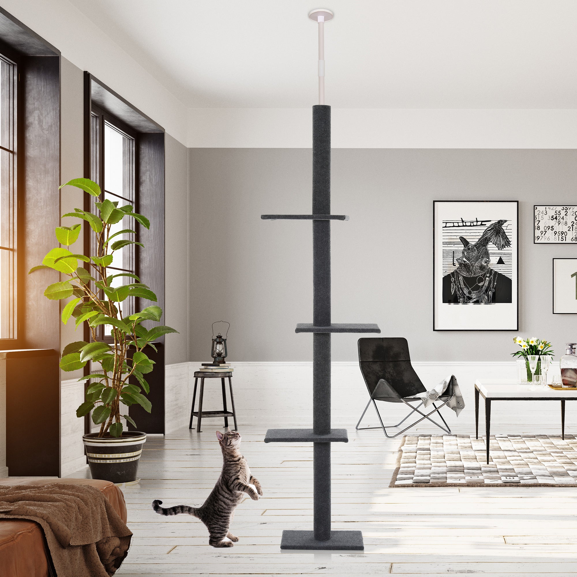 PawHut 260cm Floor To Ceiling Cat Tree for Indoor Cats w/ 3 Perches Flannel Upholstery Kitten Pet Rest Sleep Activity Tower Home Furniture Grey