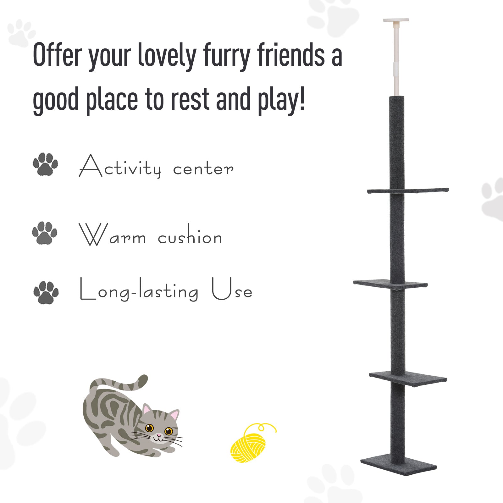 PawHut 260cm Floor To Ceiling Cat Tree for Indoor Cats w/ 3 Perches Flannel Upholstery Kitten Pet Rest Sleep Activity Tower Home Furniture Grey
