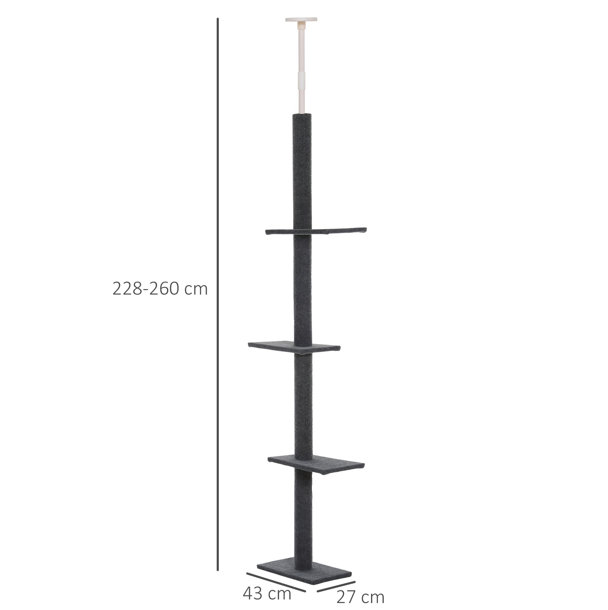 PawHut 260cm Floor To Ceiling Cat Tree for Indoor Cats w/ 3 Perches Flannel Upholstery Kitten Pet Rest Sleep Activity Tower Home Furniture Grey
