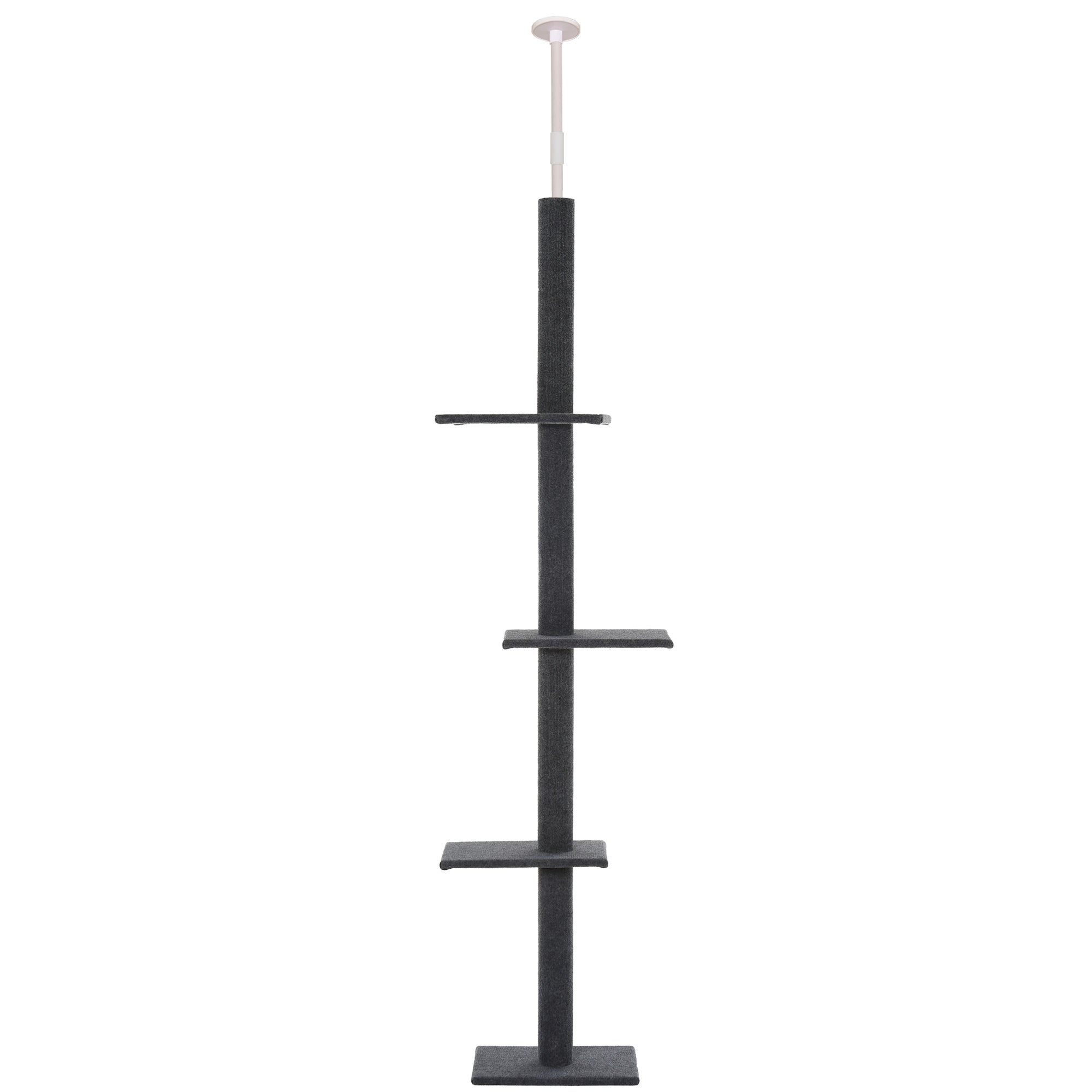 PawHut 260cm Floor To Ceiling Cat Tree for Indoor Cats w/ 3 Perches Flannel Upholstery Kitten Pet Rest Sleep Activity Tower Home Furniture Grey