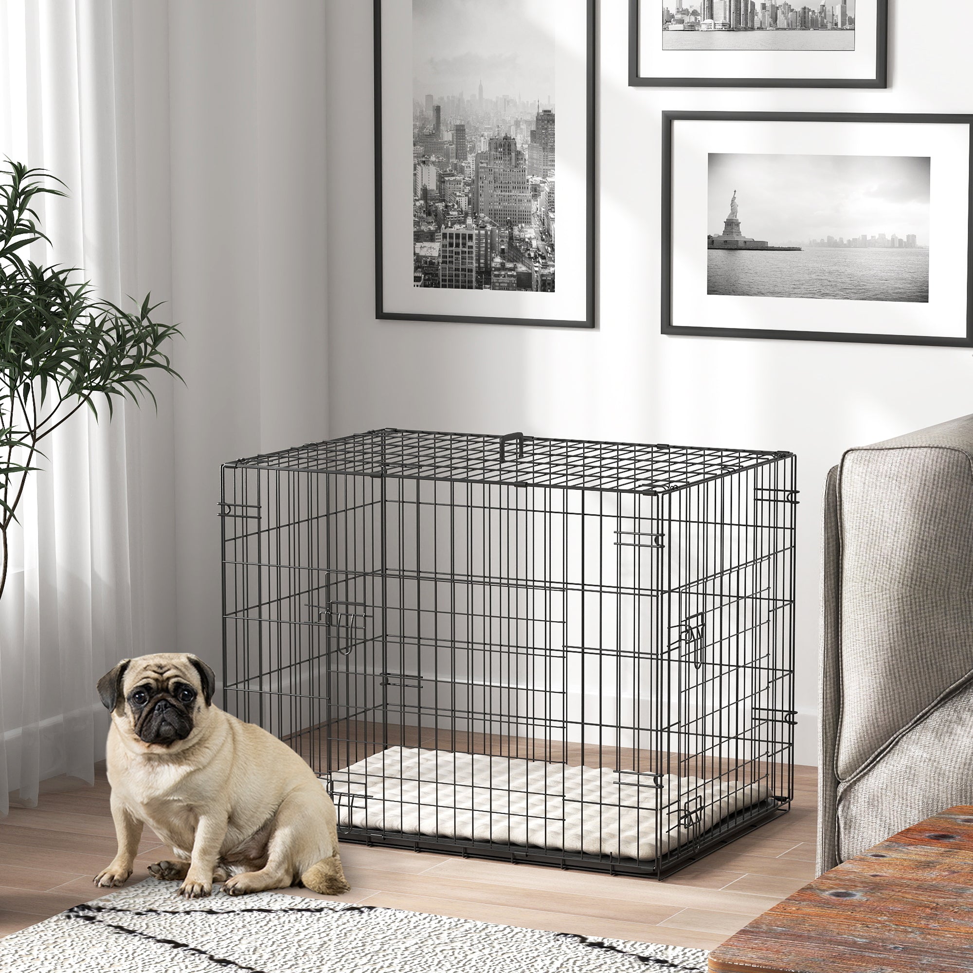 PawHut Dog Crate, Folding Metal Dog Cage with Two Doors, Tray, Soft Cushion, for Small Dogs, 91 x 62 x 68 cm, Black