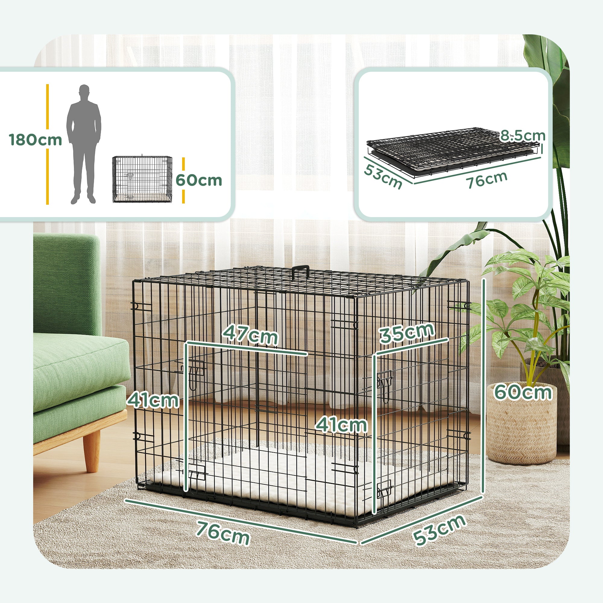 PawHut Dog Crate, Folding Metal Dog Cage with Two Doors, Tray, Soft Cushion, for Small Dogs, 91 x 62 x 68 cm, Black