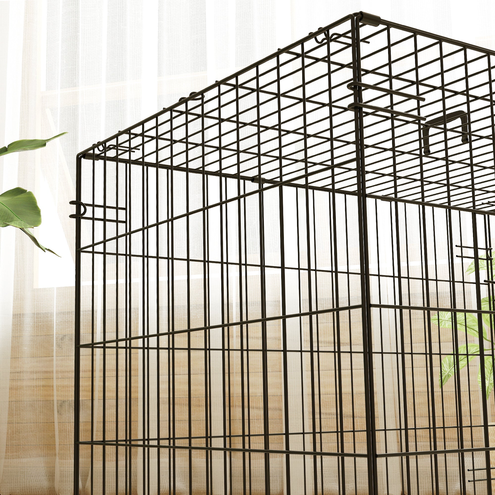 PawHut Dog Crate, Folding Metal Dog Cage with Two Doors, Tray, Soft Cushion, for Small Dogs, 91 x 62 x 68 cm, Black